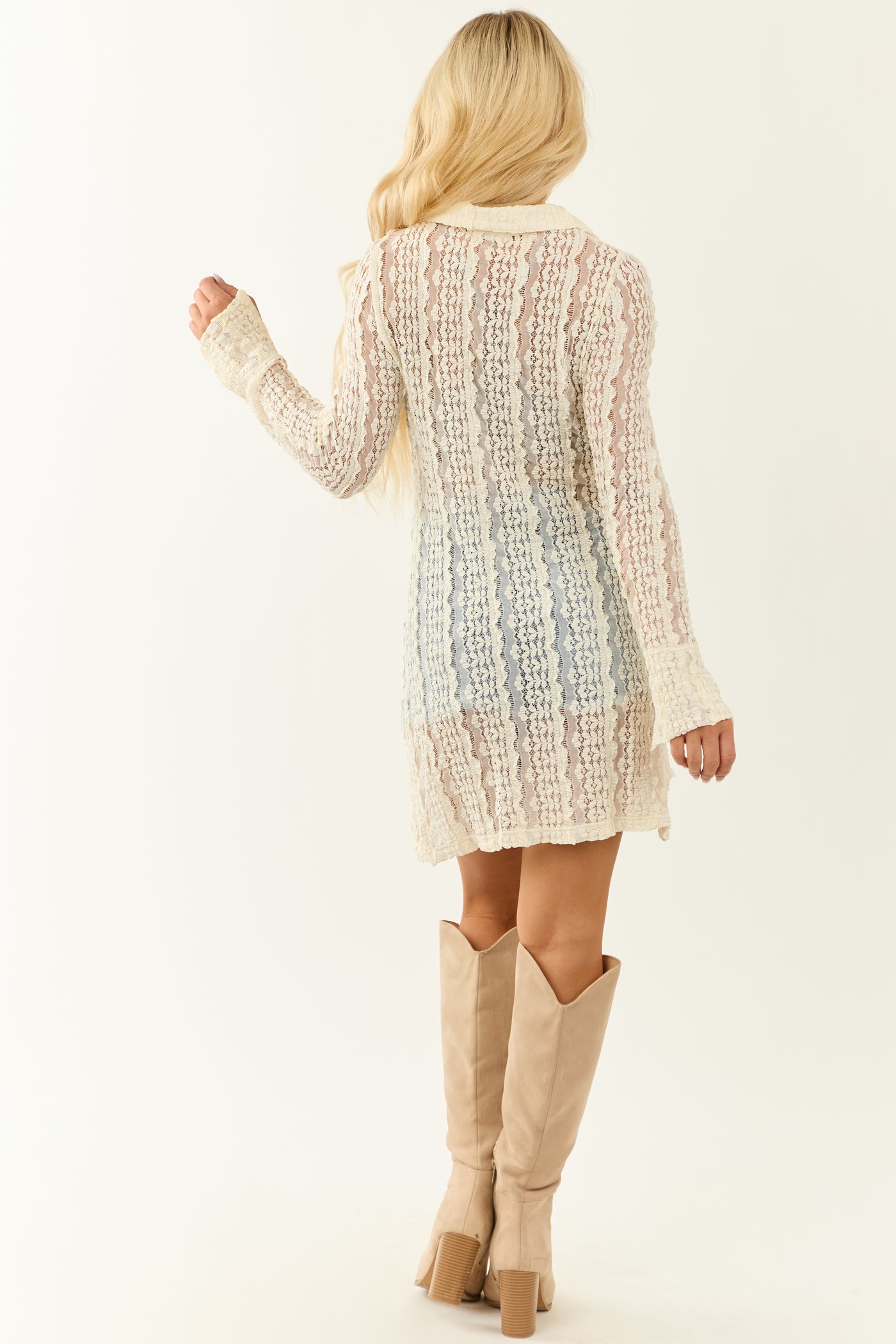 Cream Lace Button Down Long Sleeve Mini Dress