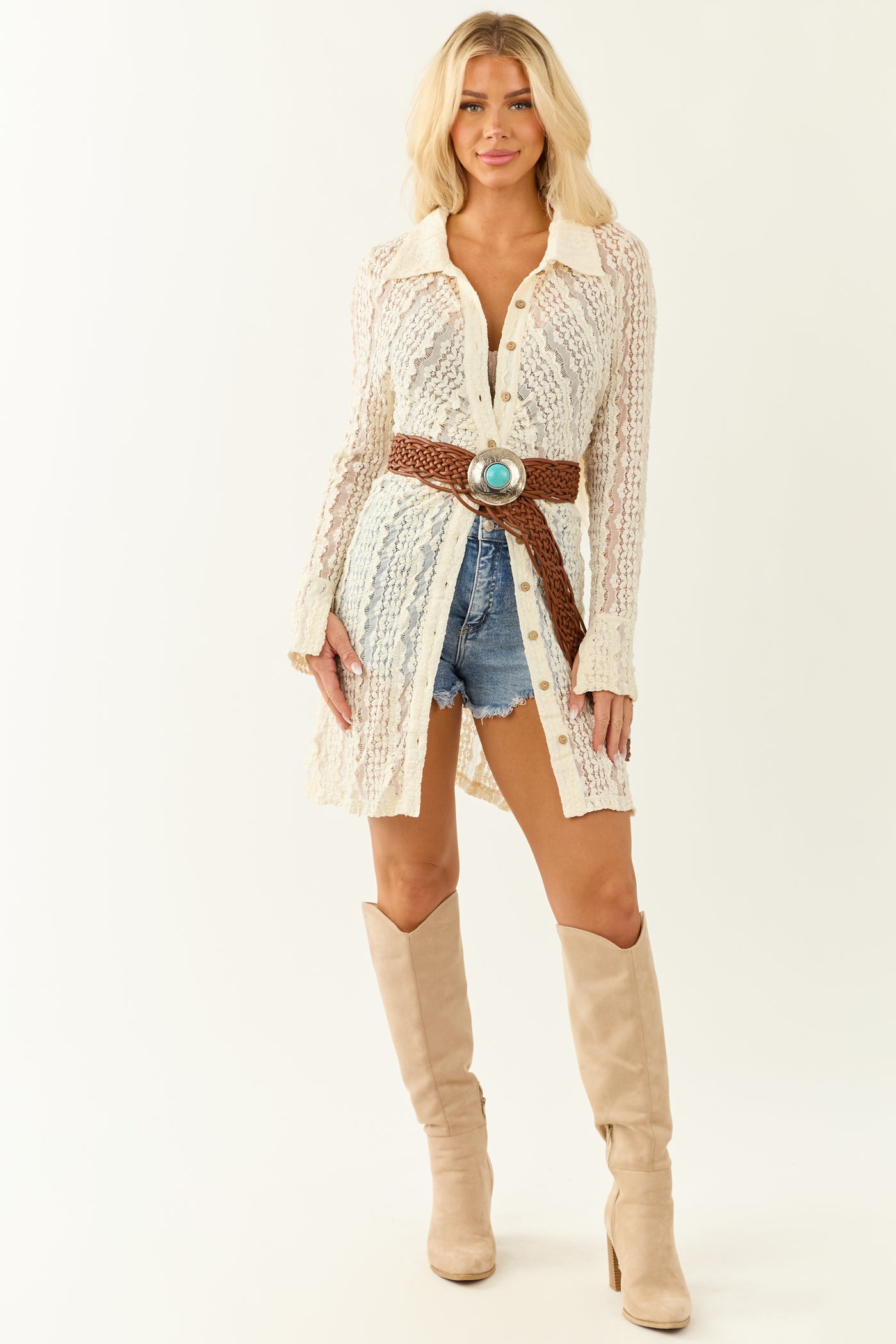 Cream Lace Button Down Long Sleeve Mini Dress