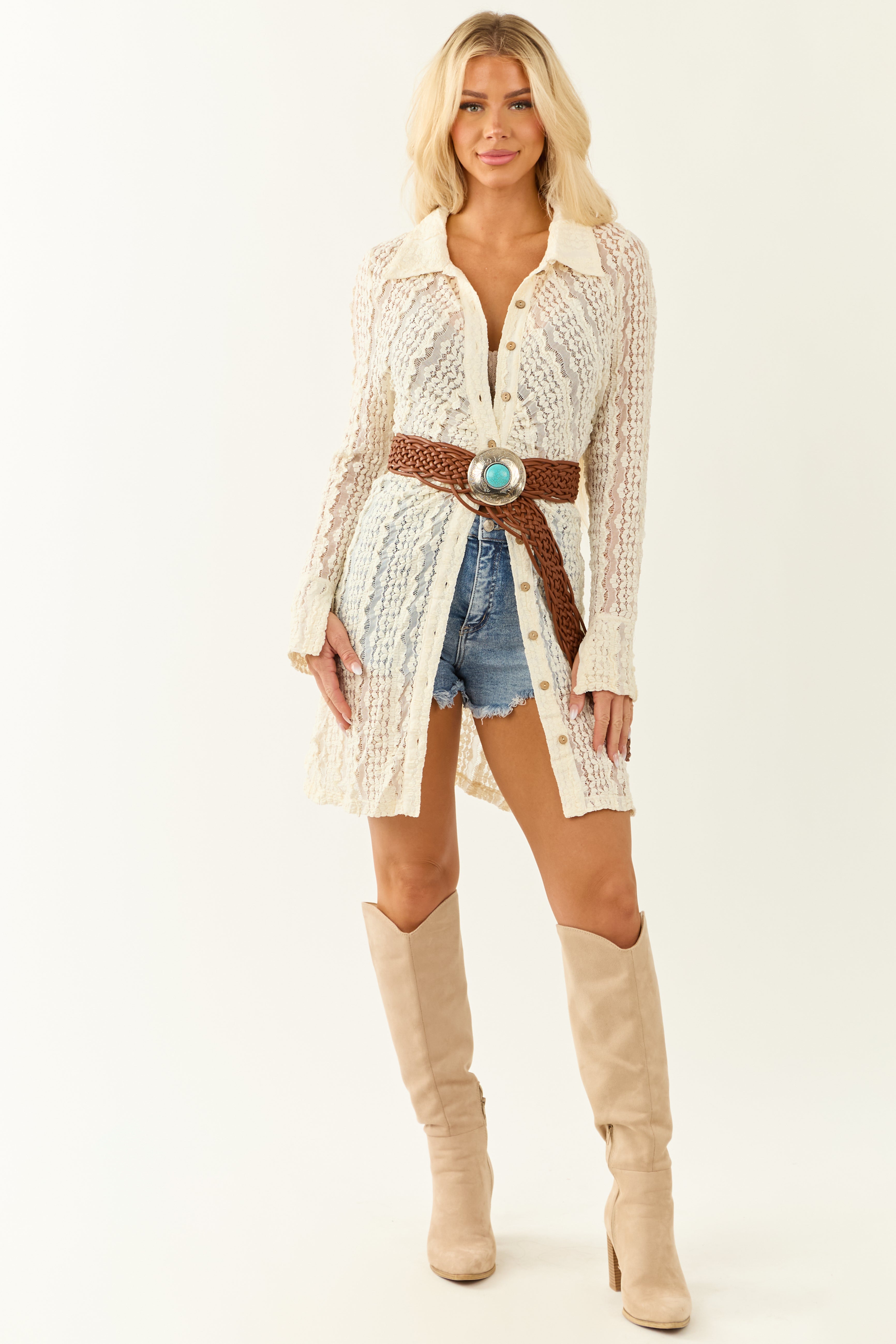 Cream Lace Button Down Long Sleeve Mini Dress