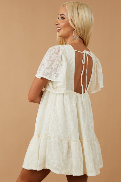 Cream Lace Mini Babydoll Dress with Open Back