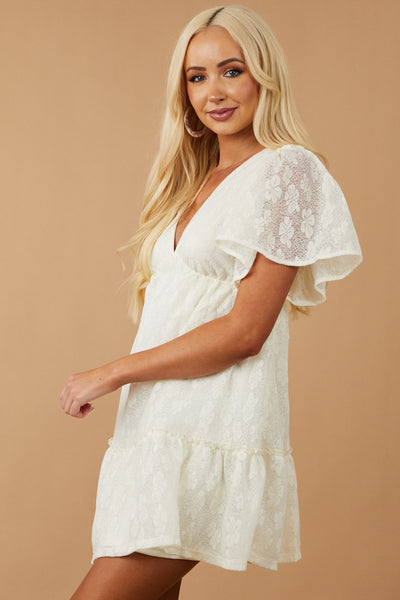 Cream Lace Mini Babydoll Dress with Open Back