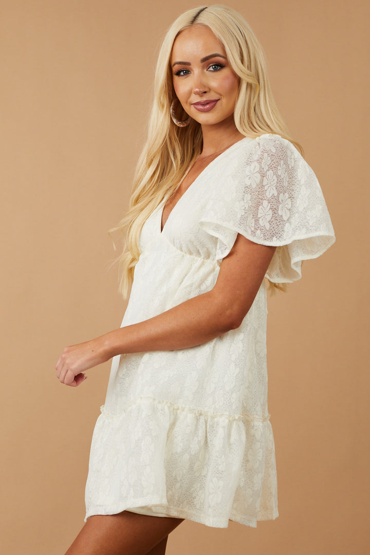 Cream Lace Mini Babydoll Dress with Open Back