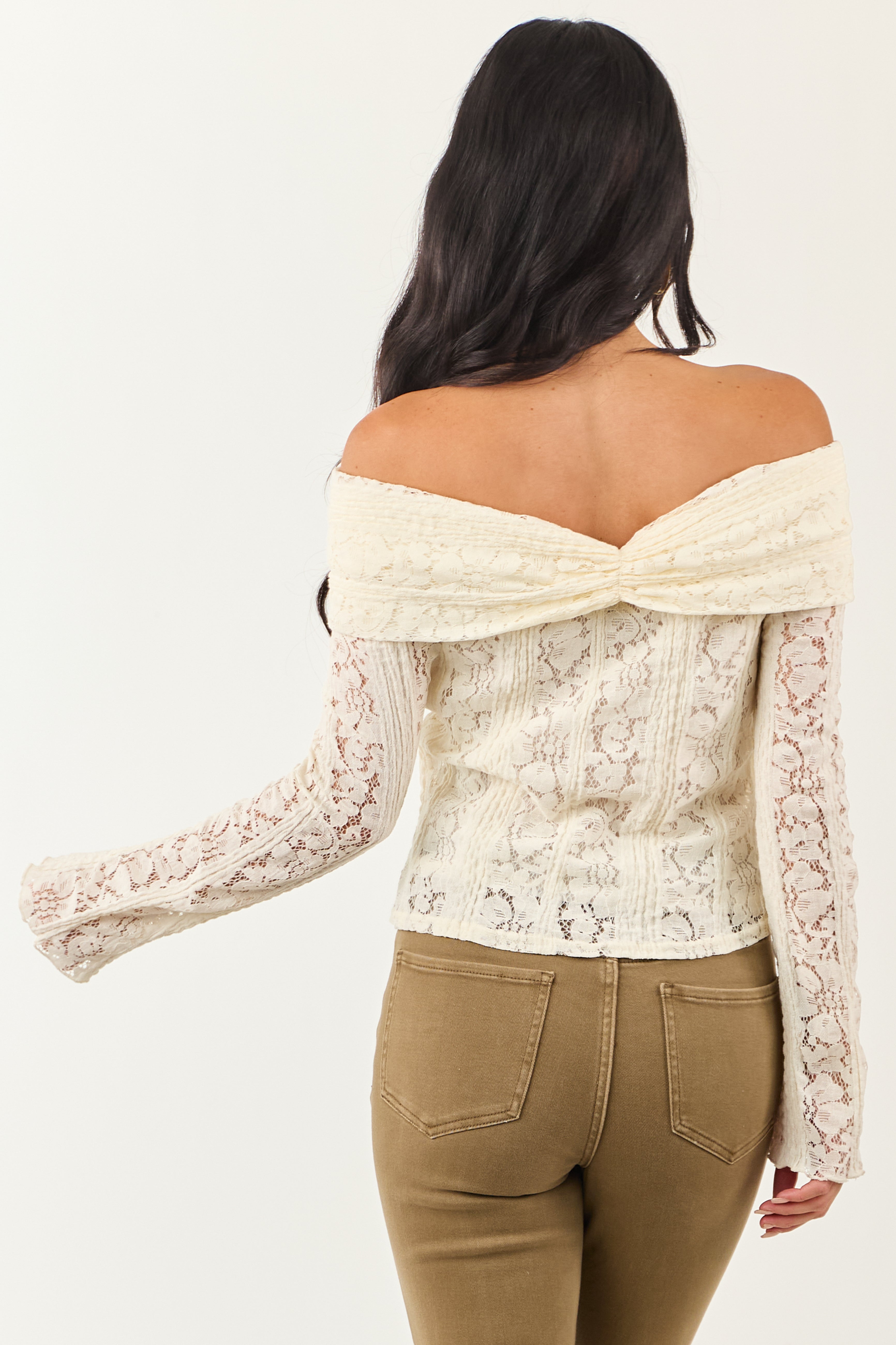 Cream Lace Off the Shoulder Long Sleeve Top