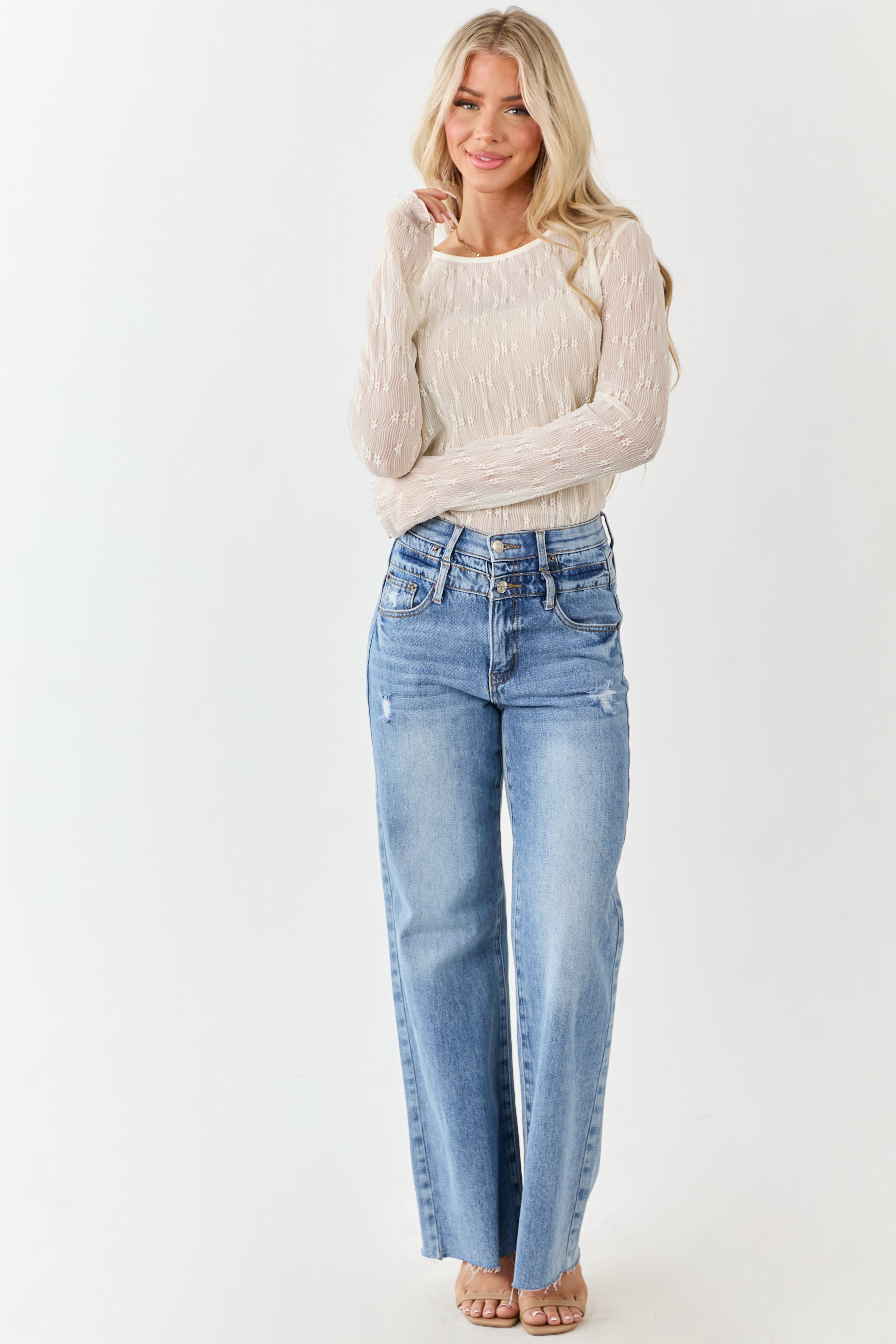 Cream Lace Round Neck Long Sleeve Top