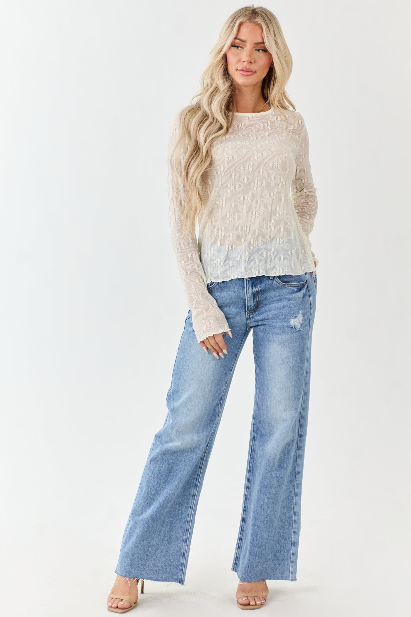 Cream Lace Round Neck Long Sleeve Top