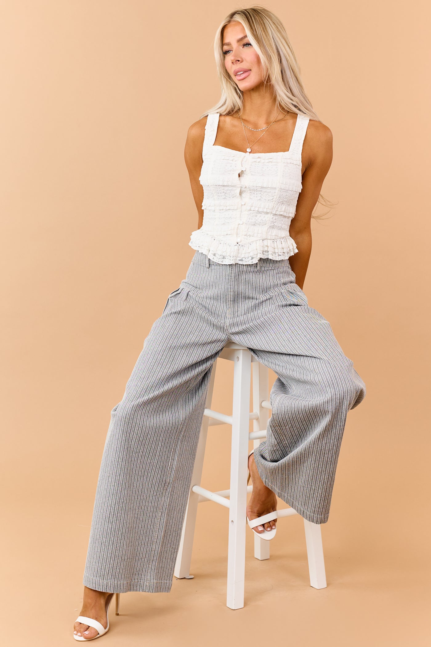 Cream Lace Tiered Frill Button Down Tank Top