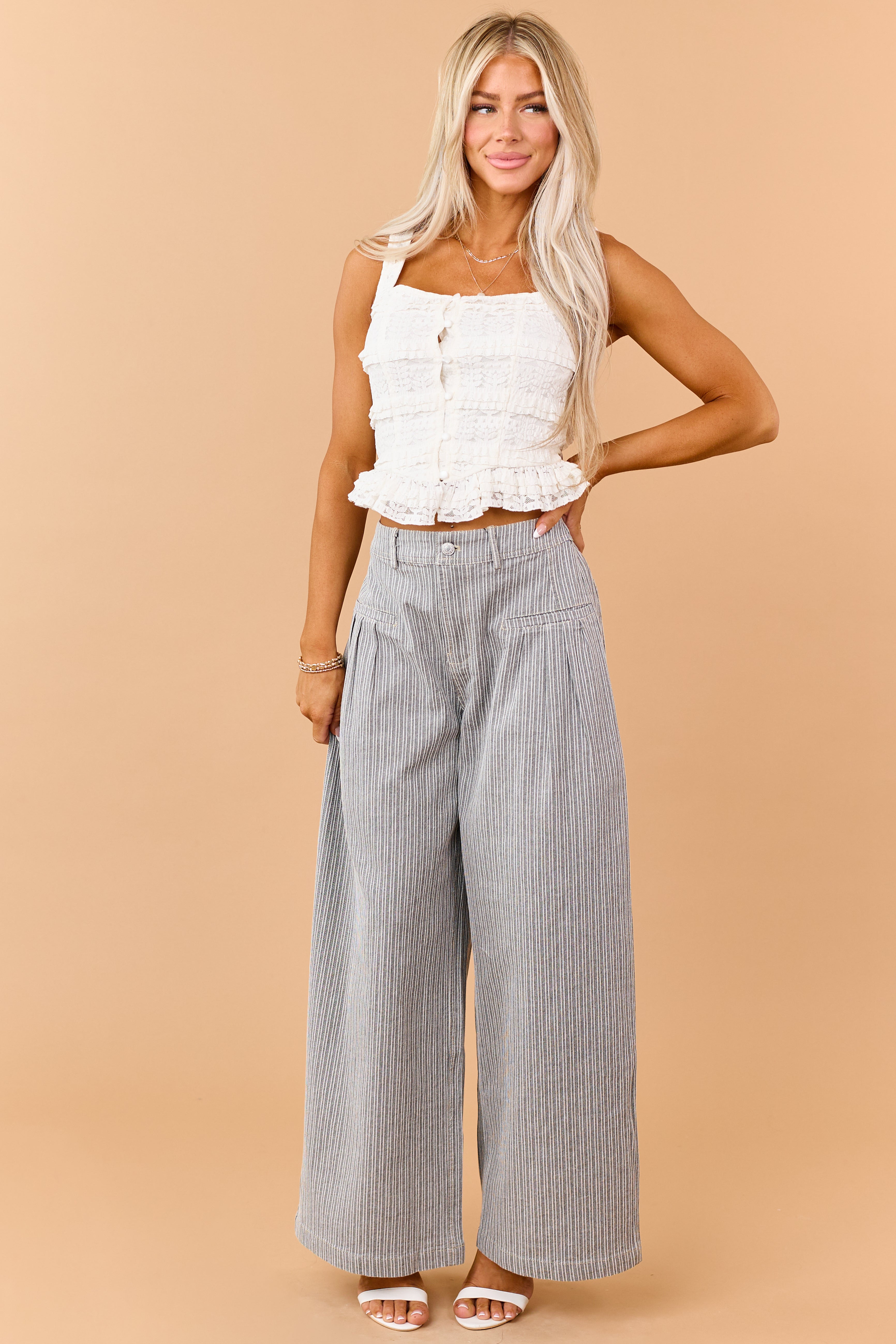 Cream Lace Tiered Frill Button Down Tank Top | Lime Lush Boutique
