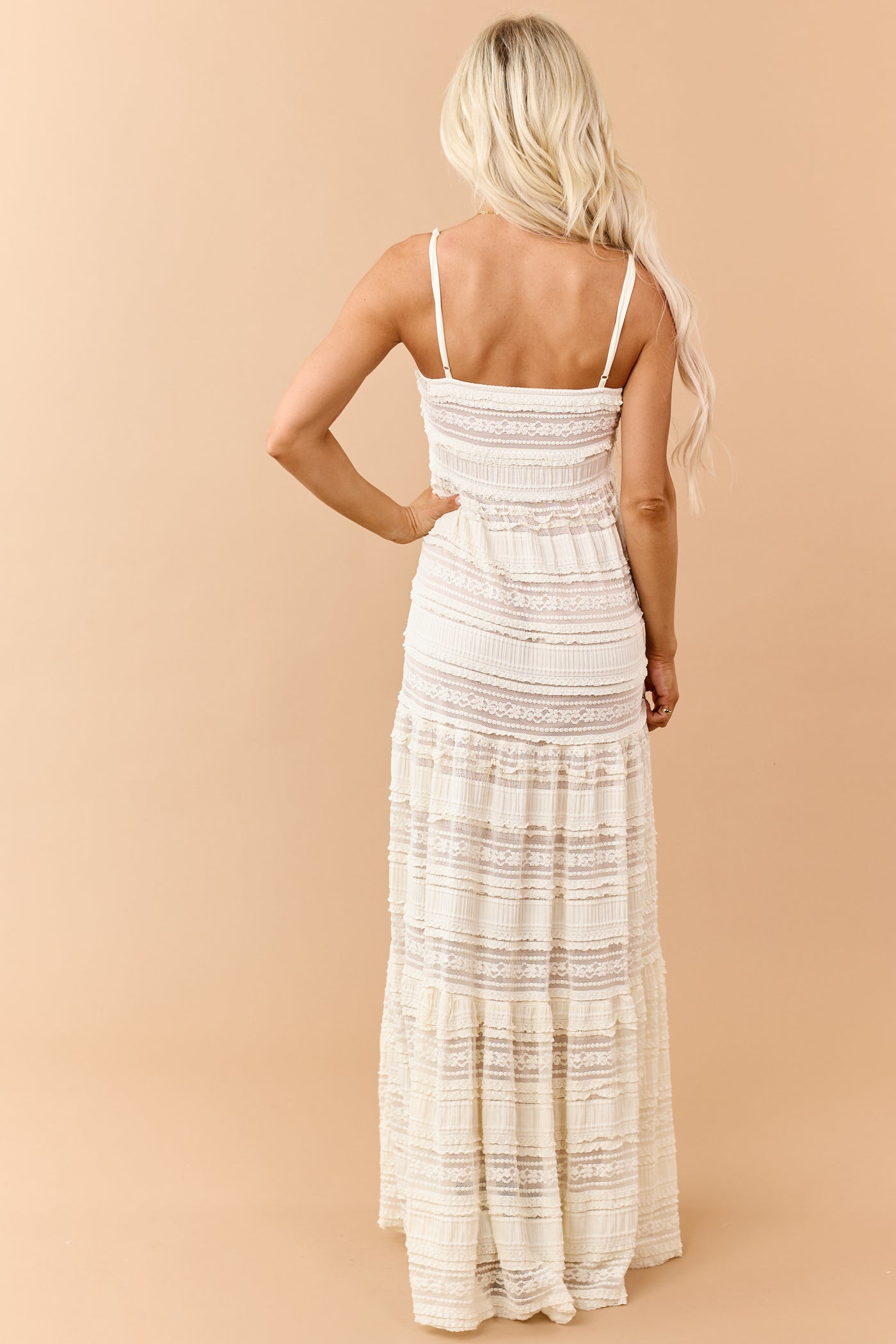 Cream Lace Tiered V-Neck Sleeveless Maxi Dress
