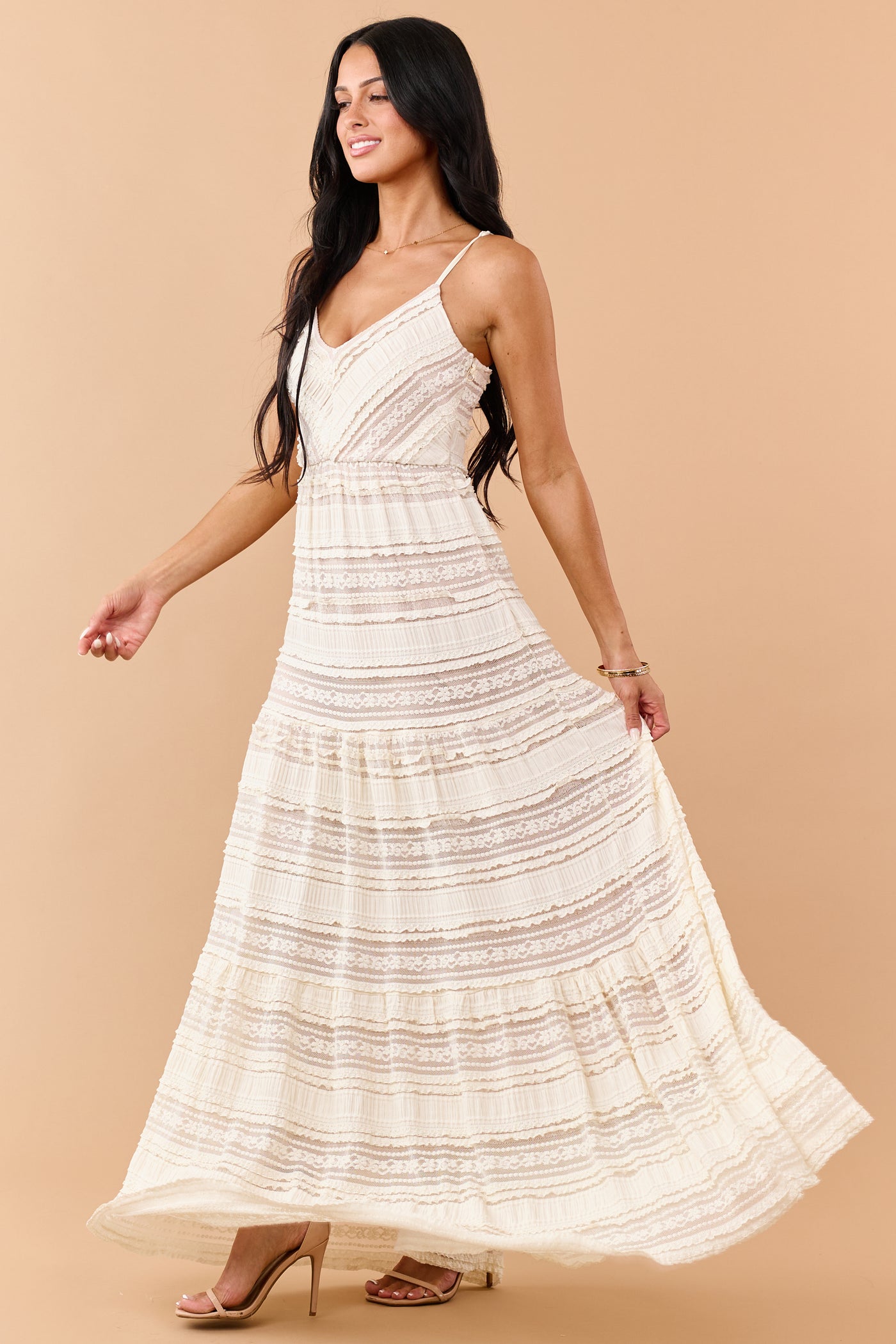 Cream Lace Tiered V-Neck Sleeveless Maxi Dress