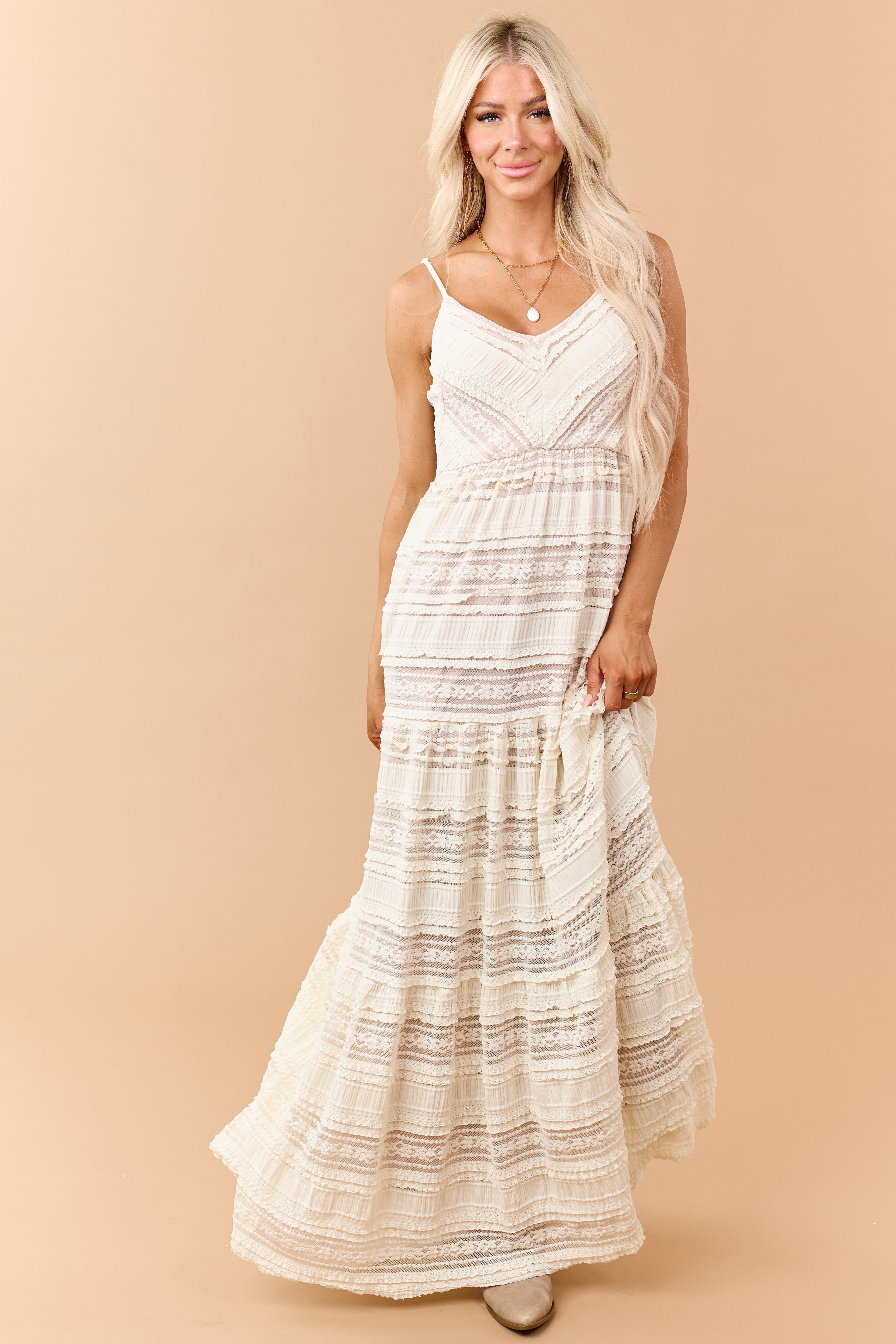 Cream Lace Tiered V-Neck Sleeveless Maxi Dress