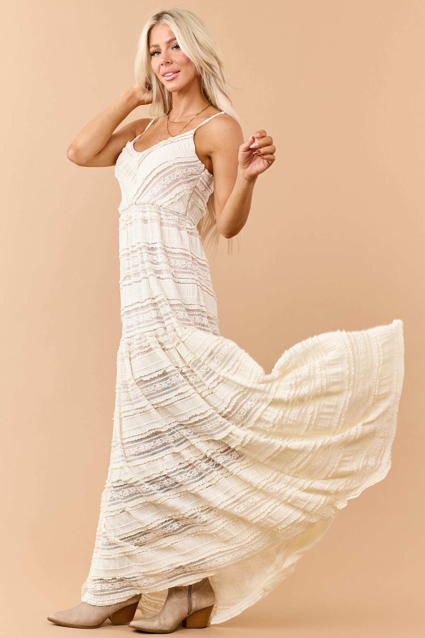 Cream Lace Tiered V-Neck Sleeveless Maxi Dress