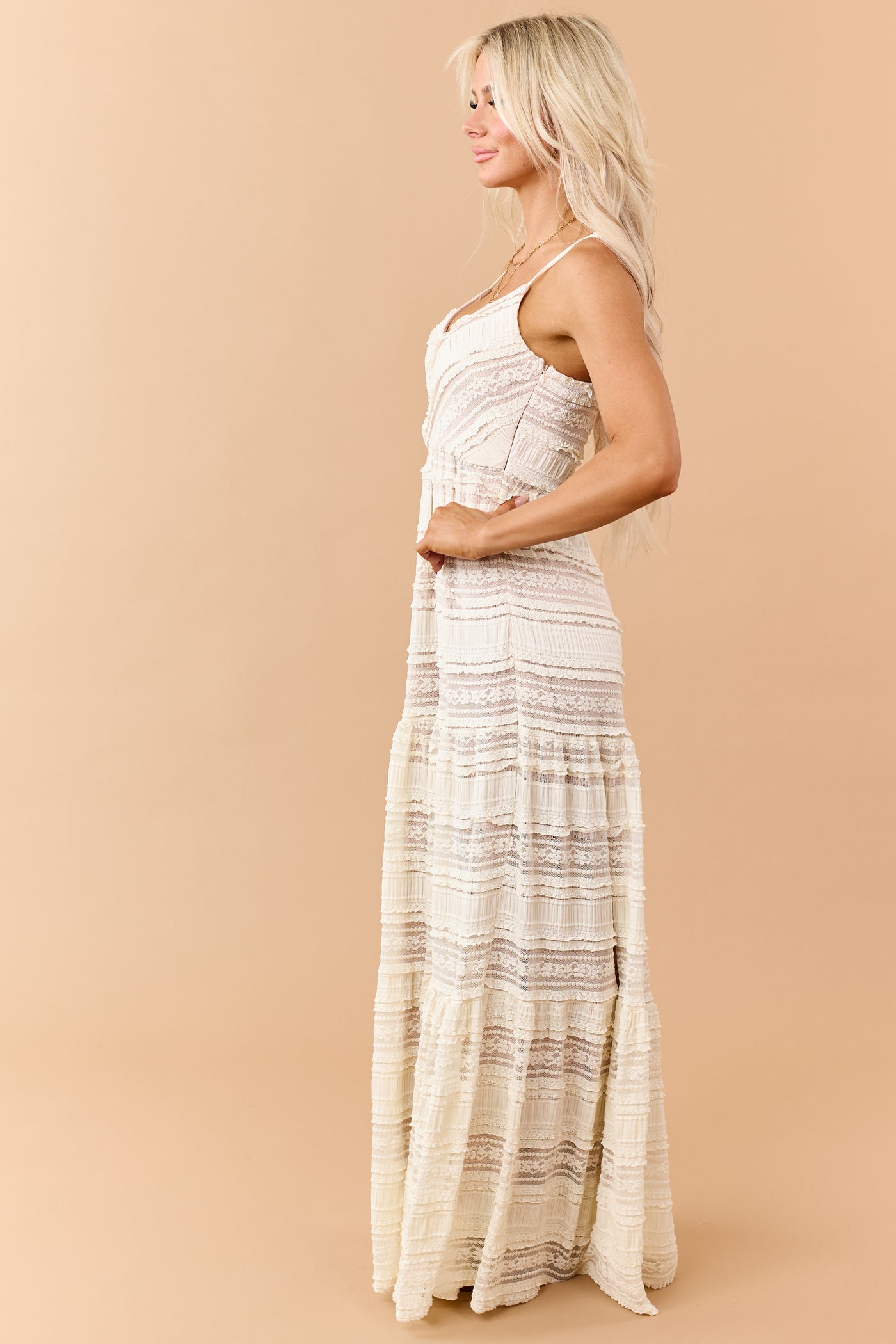 Cream Lace Tiered V-Neck Sleeveless Maxi Dress
