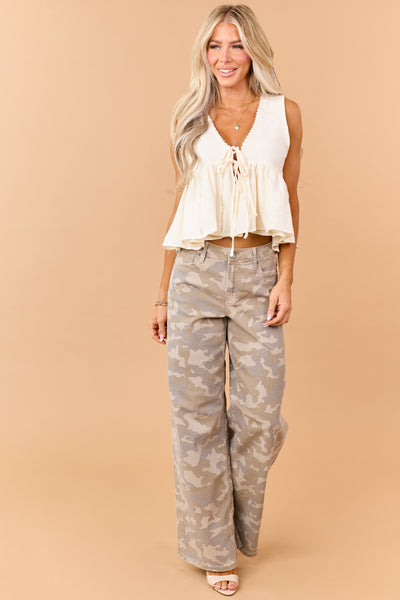 Cream Lace Trim Front Tie Closure Tank Top