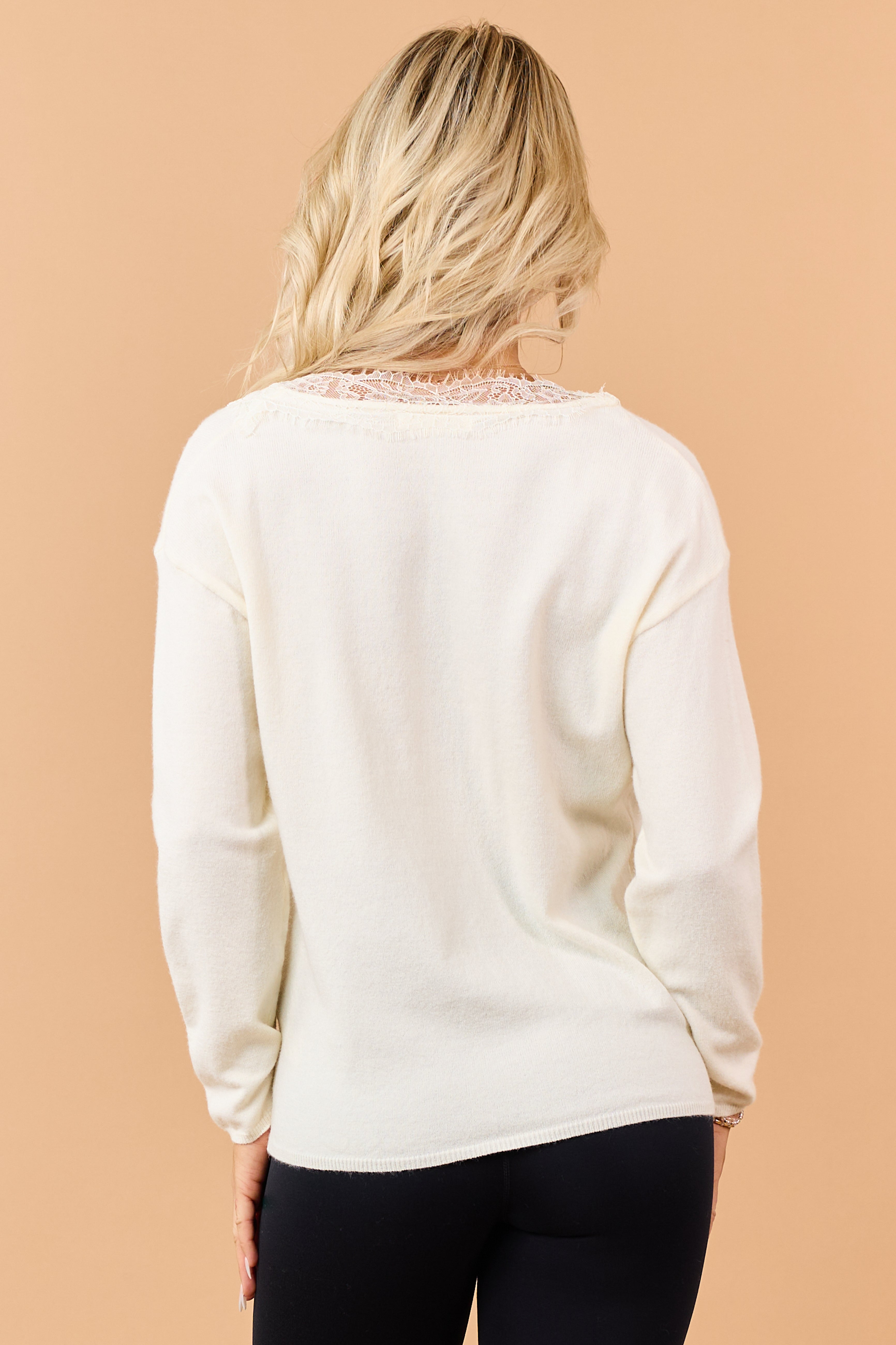 Cream Lace Trim V Neckline Relaxed Sweater