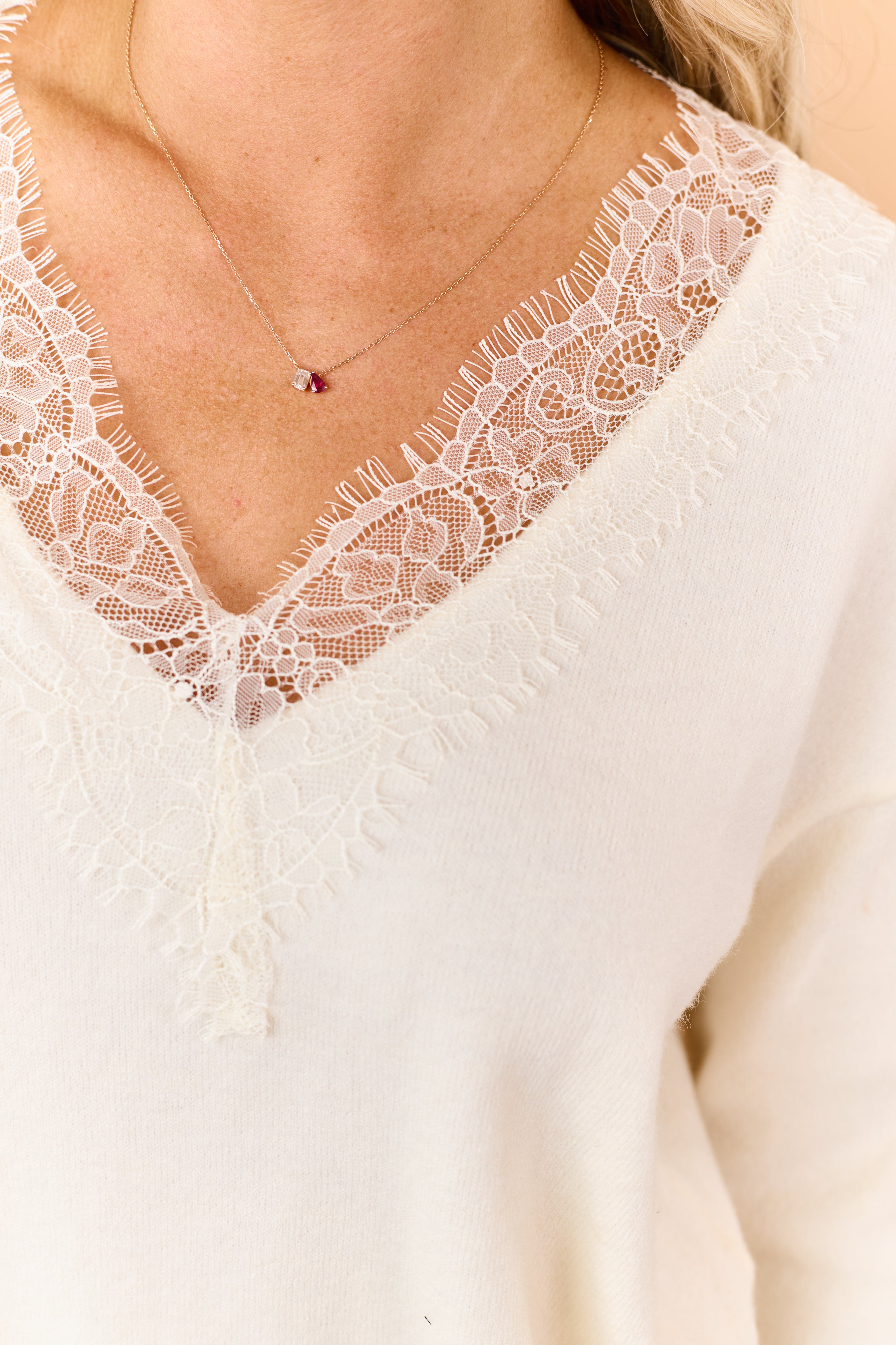 Cream Lace Trim V Neckline Relaxed Sweater