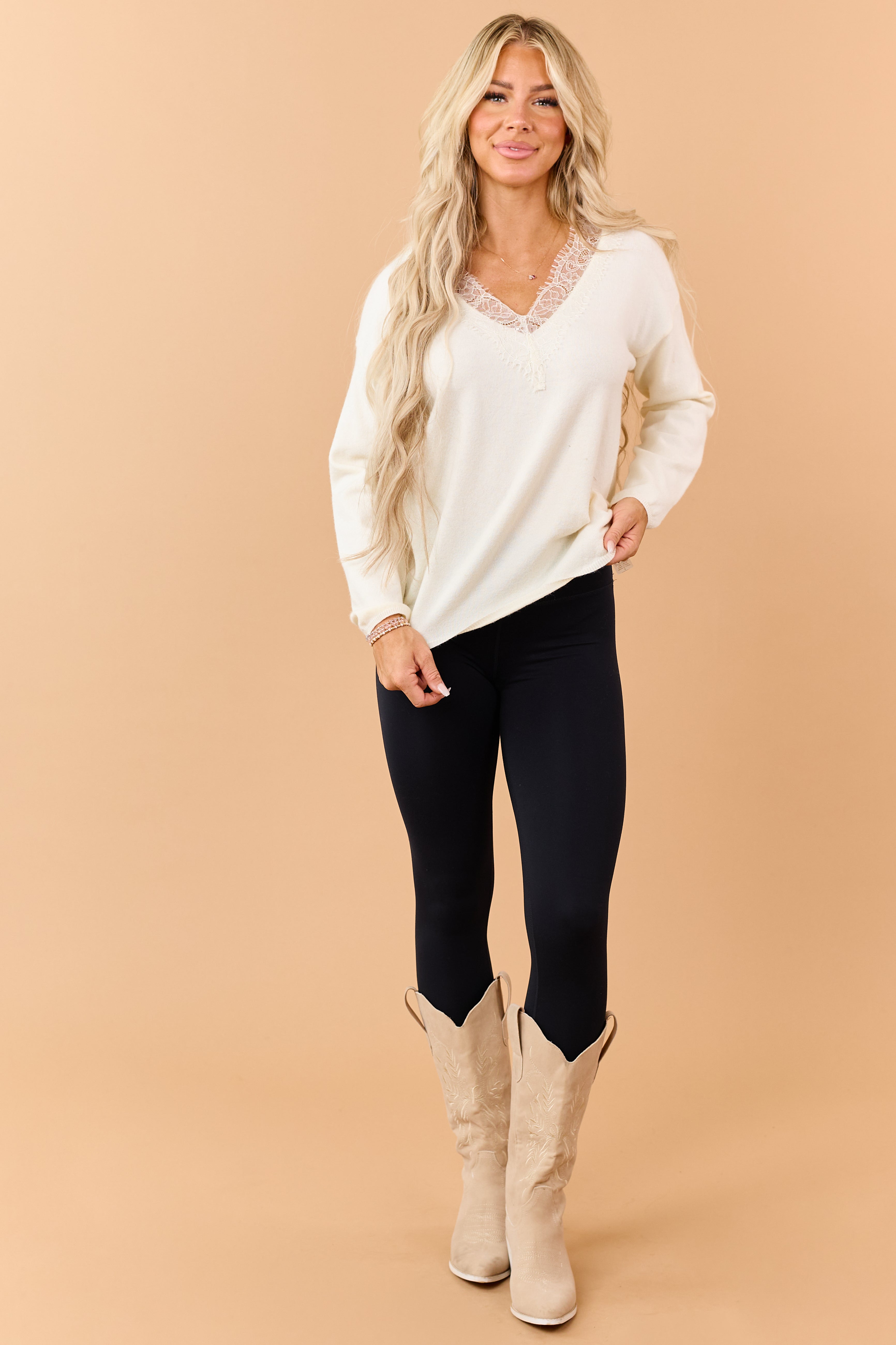 Cream Lace Trim V Neckline Relaxed Sweater