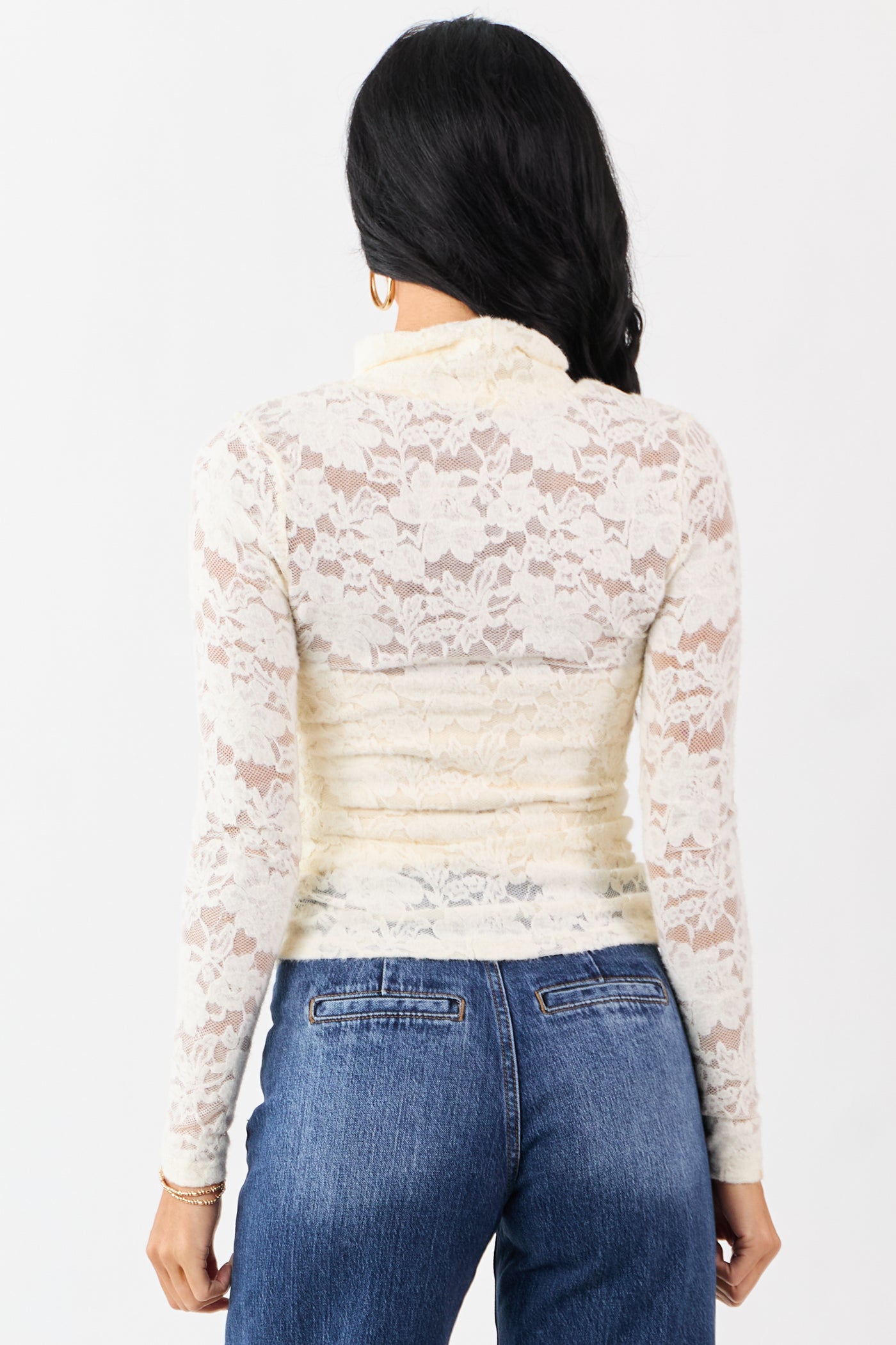 Cream Lace Turtleneck Long Sleeve Top