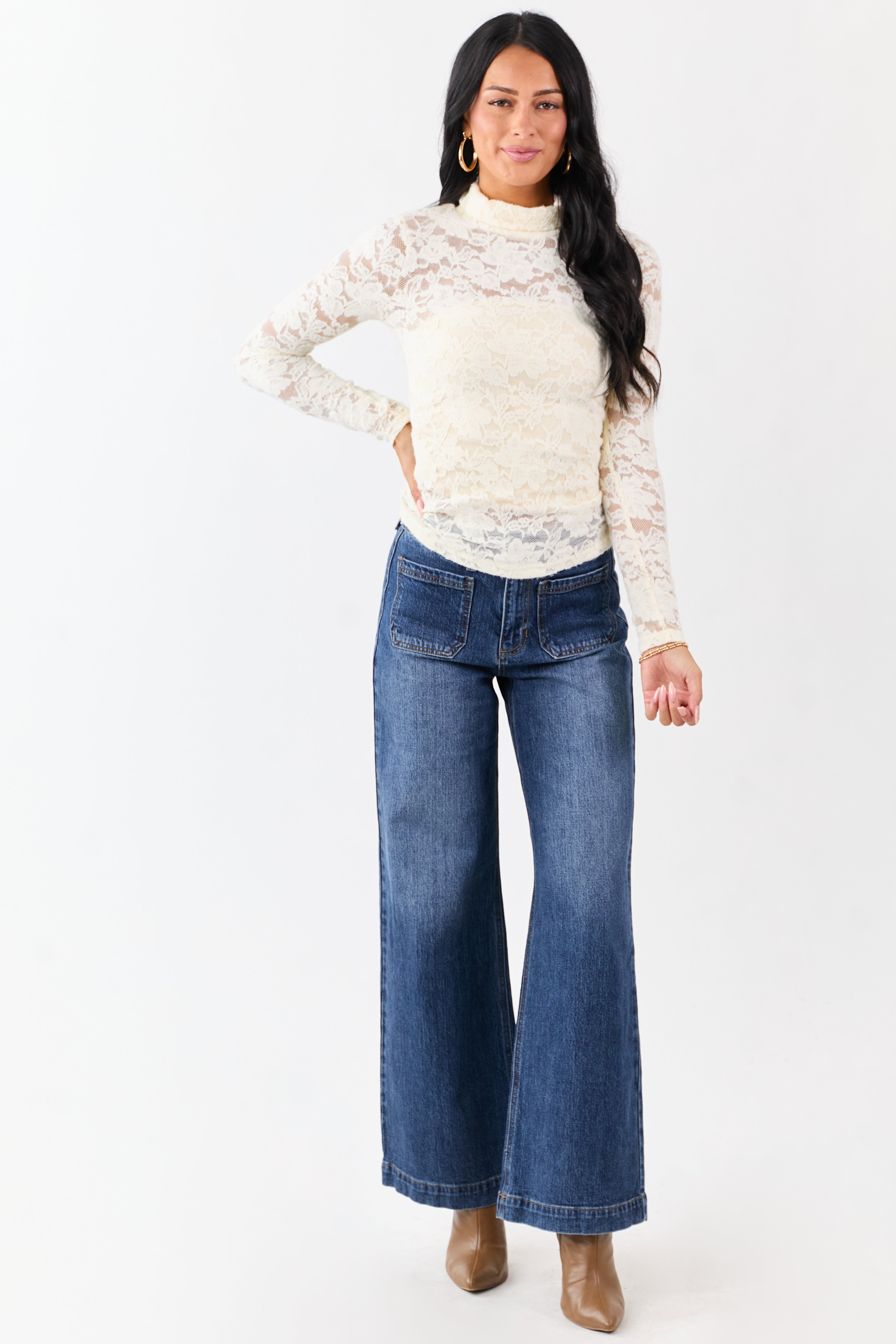 Cream Lace Turtleneck Long Sleeve Top