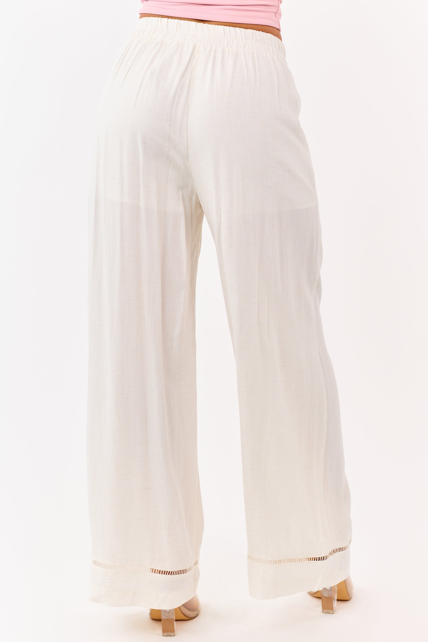 Cream Ladder Lace Hem Linen Blend Wide Leg Pants