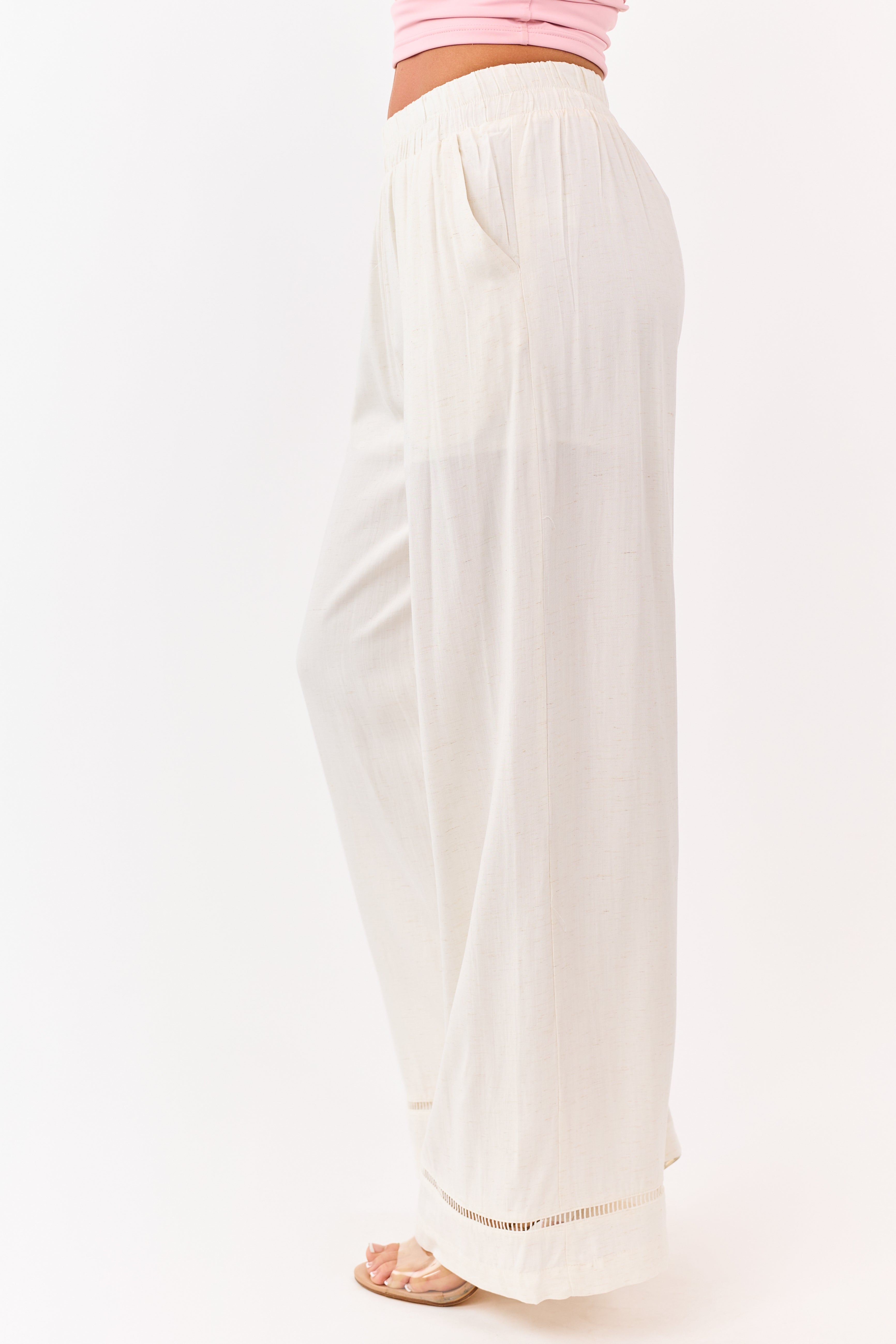 Cream Ladder Lace Hem Linen Blend Wide Leg Pants