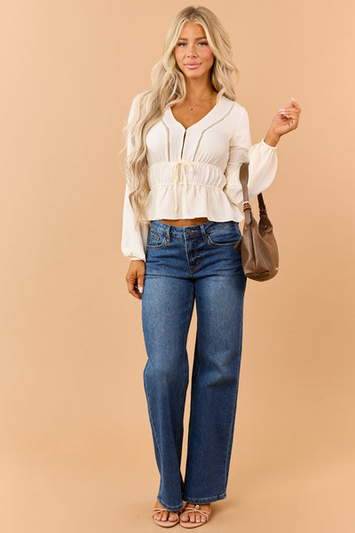 Cream Ladder Lace Trim Shirred Waist Peplum Top
