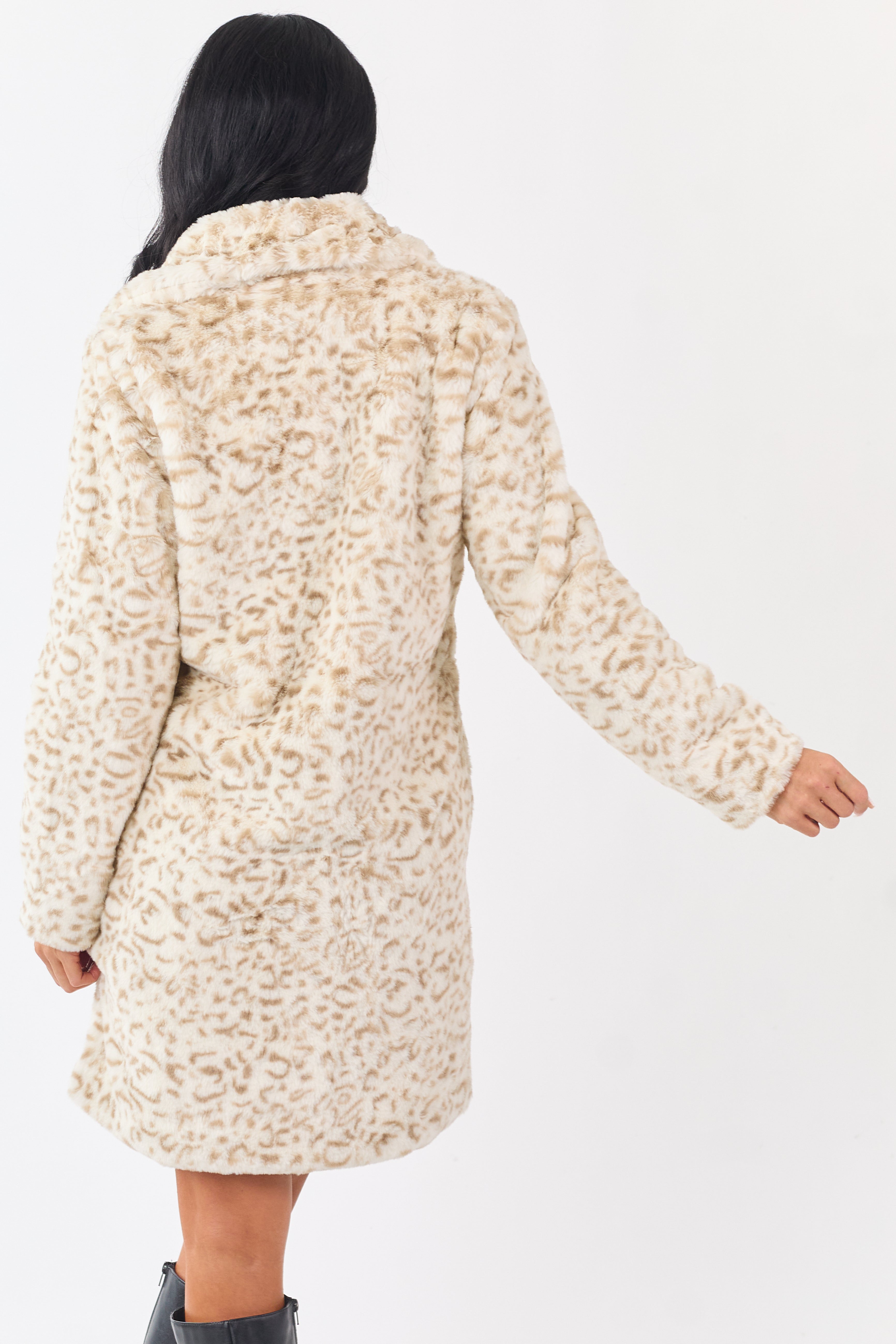 Cream Leopard Pattern Soft Faux Fur Mid Length Coat