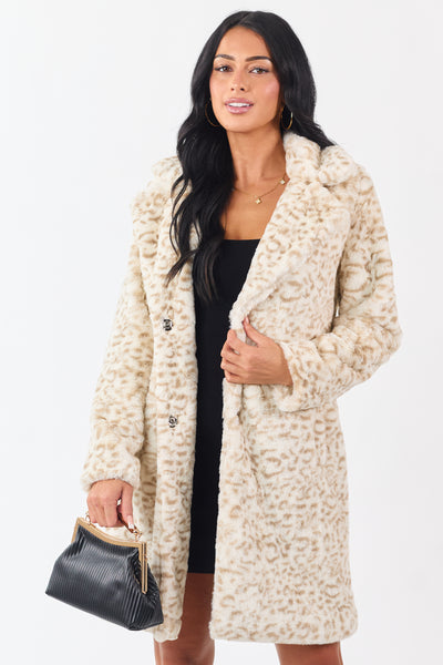 Cream Leopard Pattern Soft Faux Fur Mid Length Coat