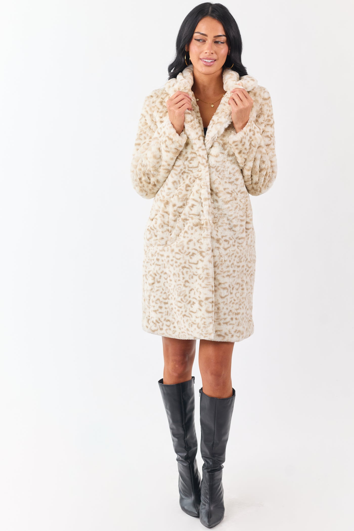 Cream Leopard Pattern Soft Faux Fur Mid Length Coat