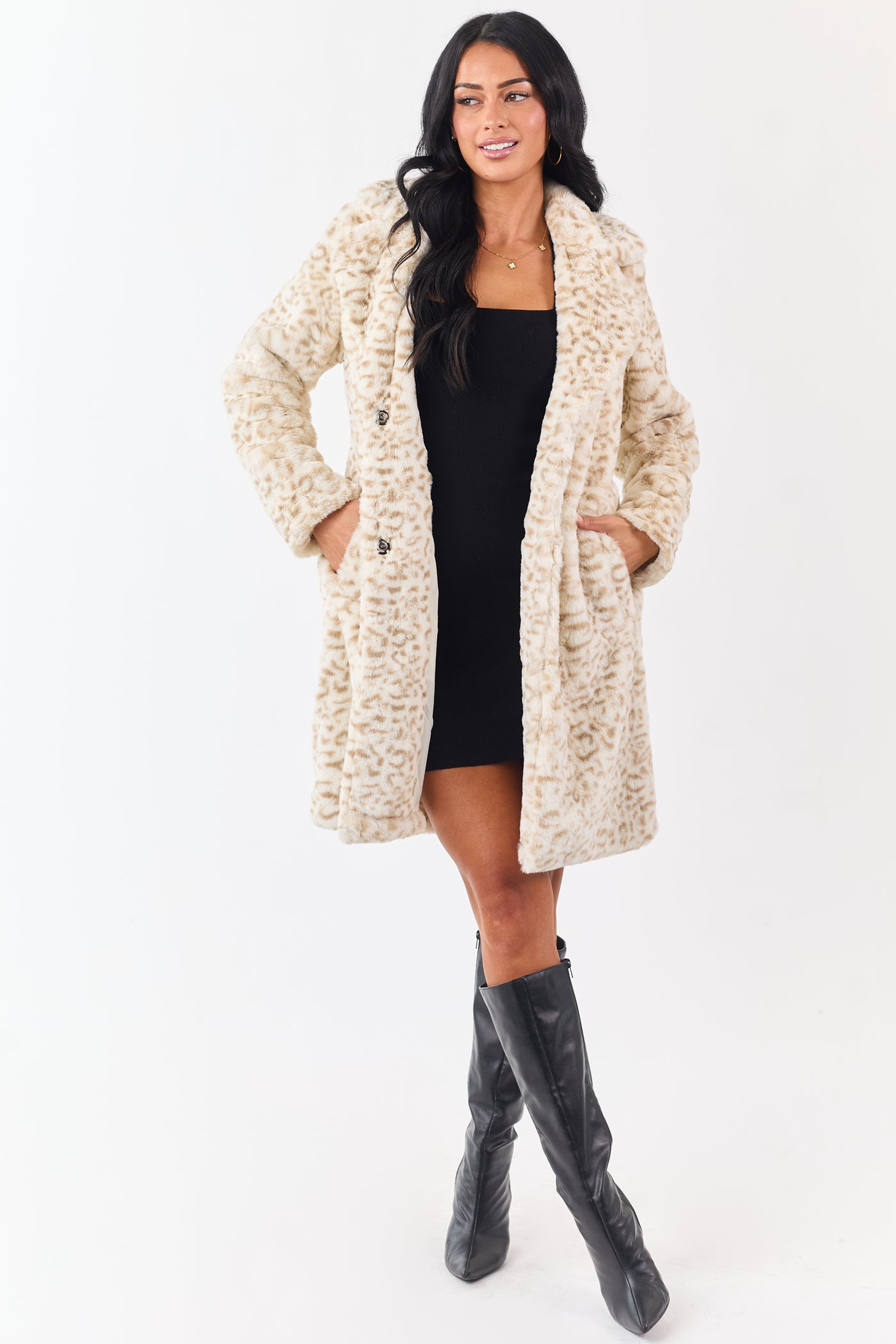 Cream Leopard Pattern Soft Faux Fur Mid Length Coat