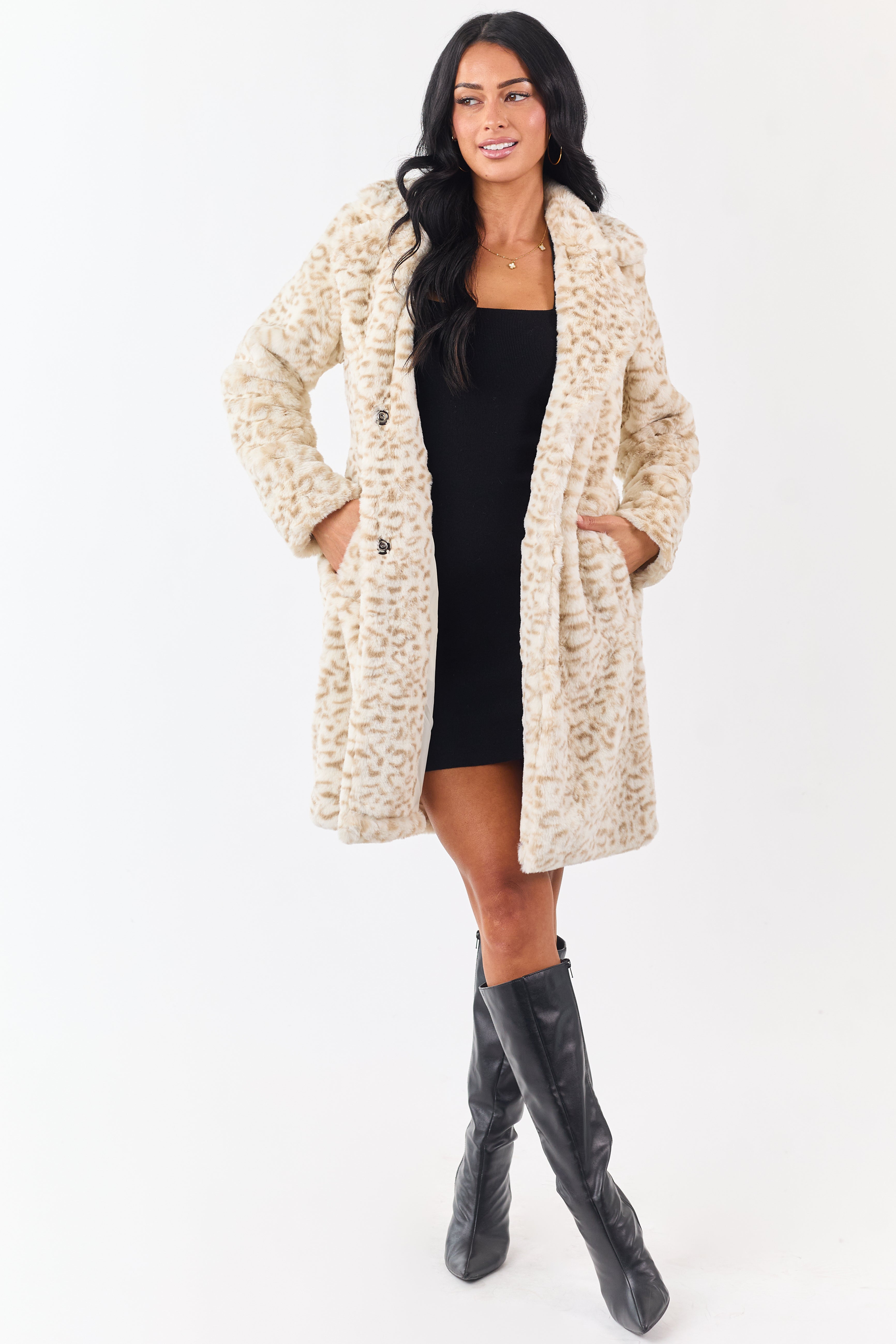 Cream Leopard Pattern Soft Faux Fur Mid Length Coat