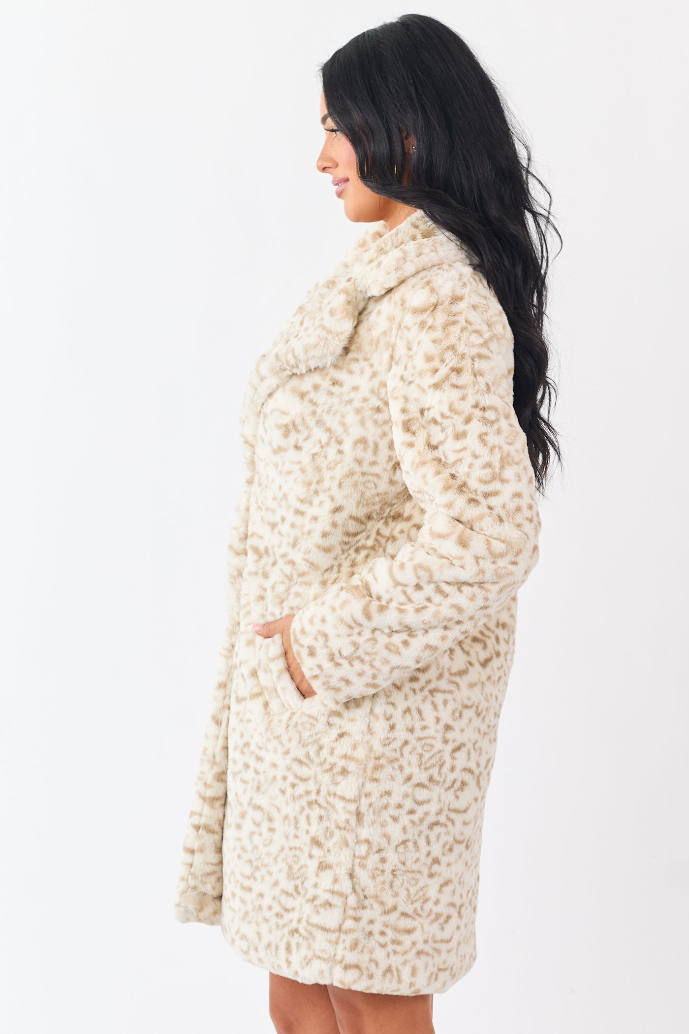 Cream Leopard Pattern Soft Faux Fur Mid Length Coat