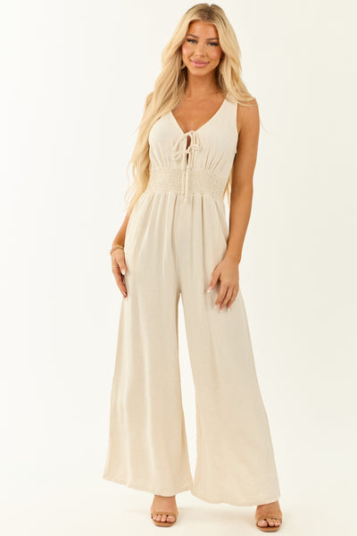 Cream Linen Deep V Sleeveless Wide Leg Jumpsuit