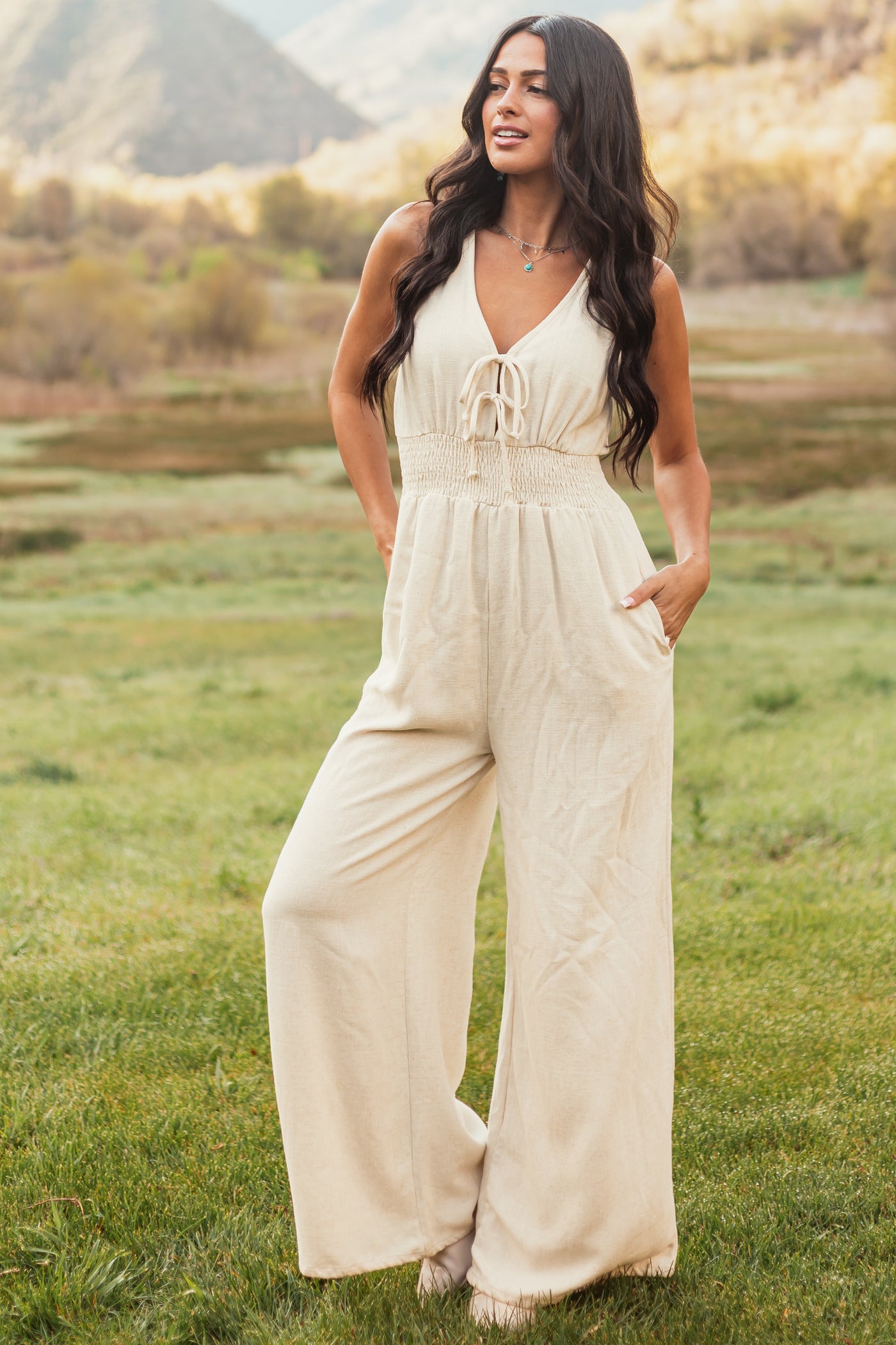 Cream Linen Tie Front Smocked Wide Leg Jumpsuit
