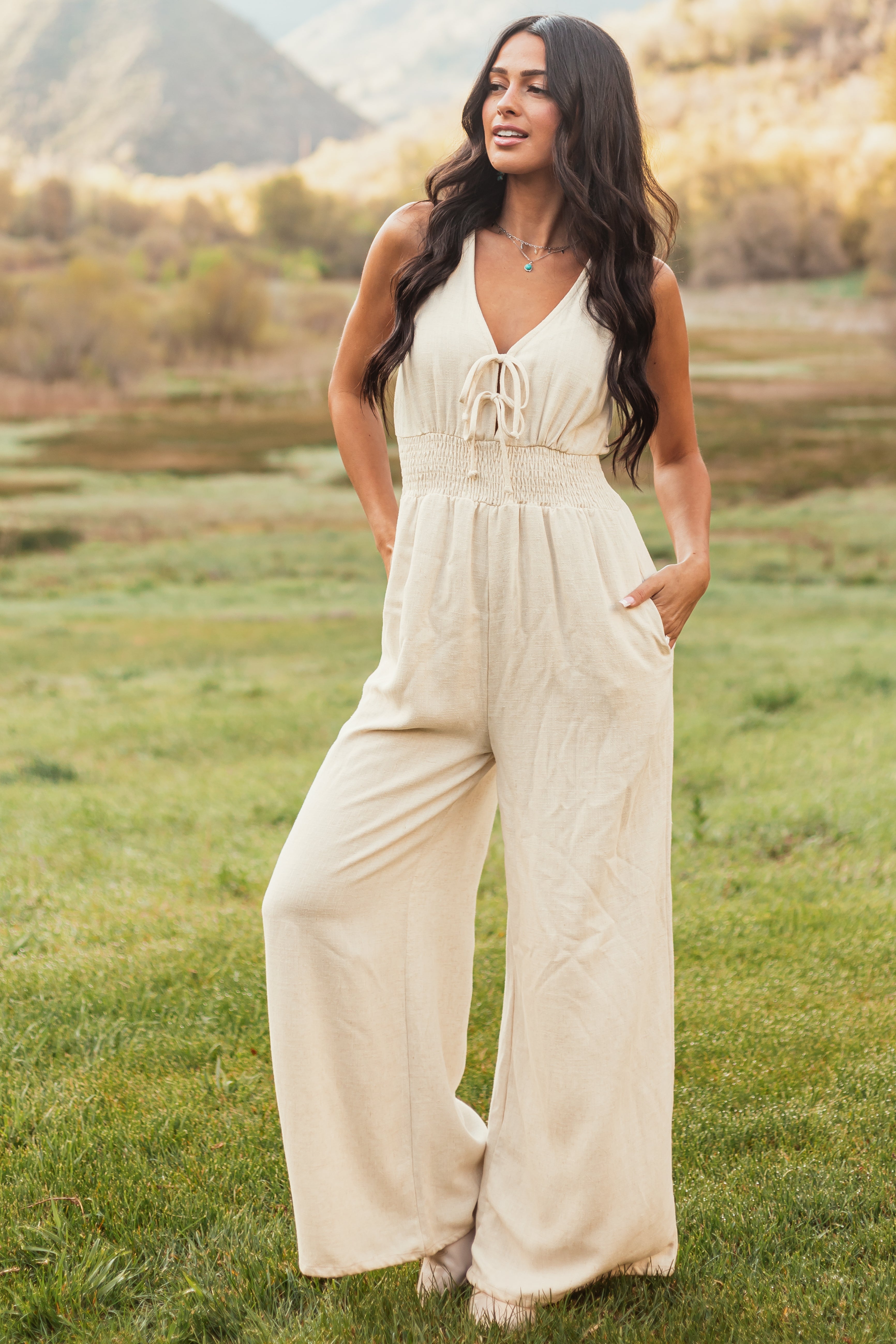 Cream Linen Tie Front Smocked Wide Leg Jumpsuit