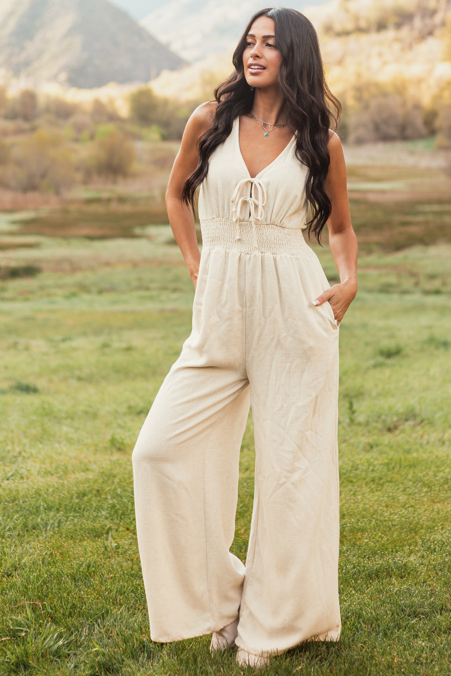 Cream Linen Tie Front Smocked Wide Leg Jumpsuit