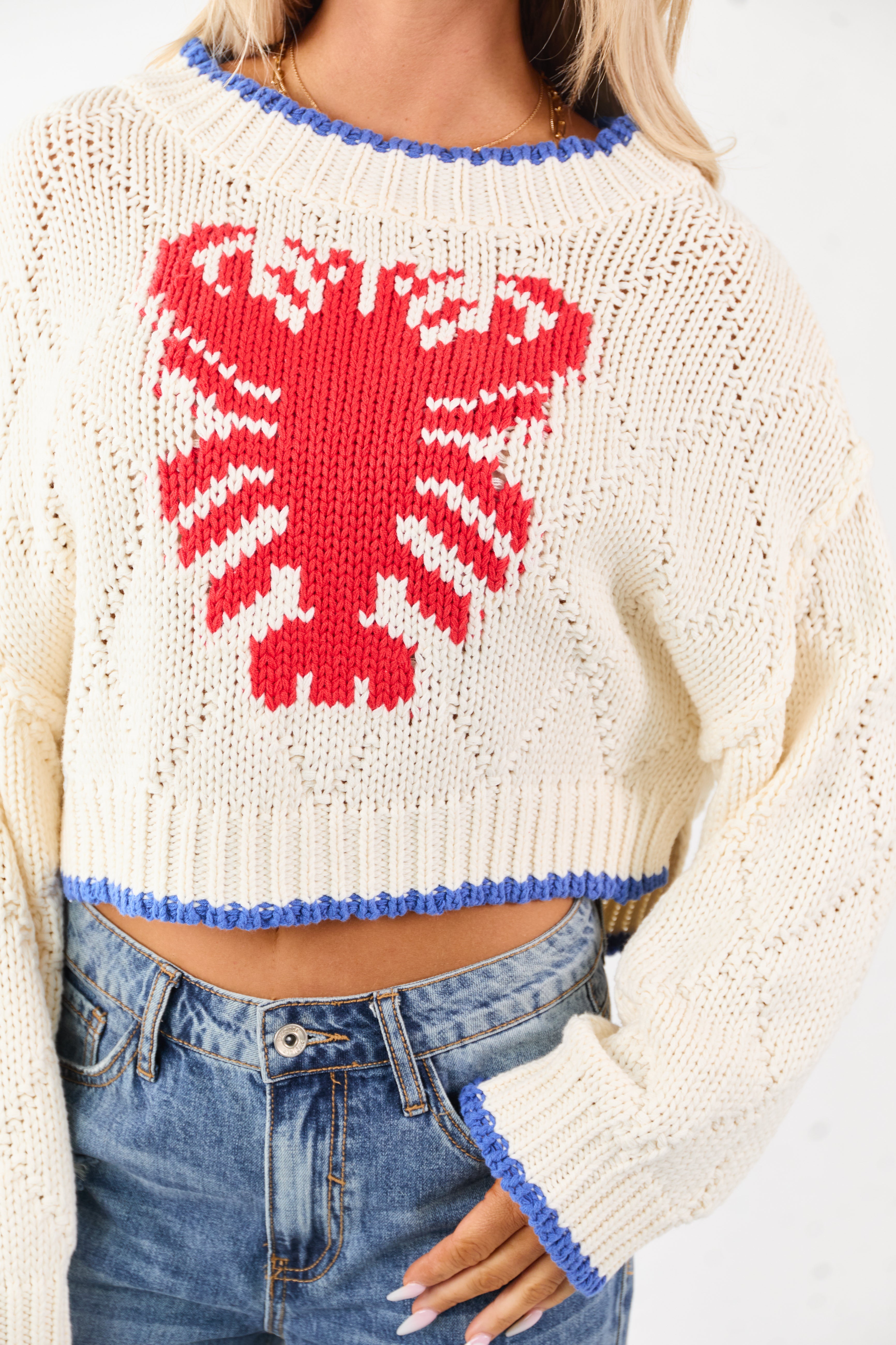 Cream Lobster Graphic Ribbed Trim Knit Sweater