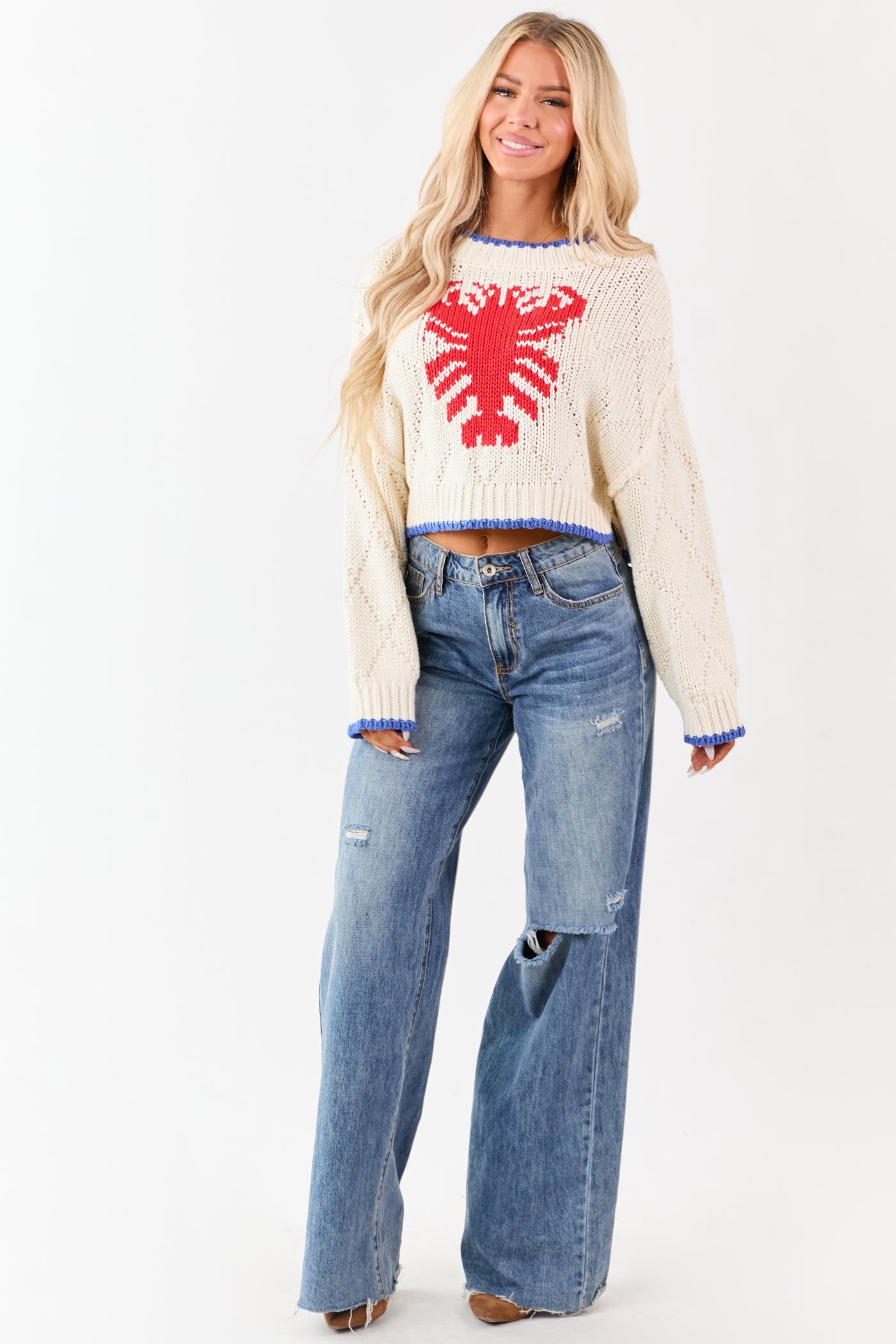 Cream Lobster Graphic Ribbed Trim Knit Sweater