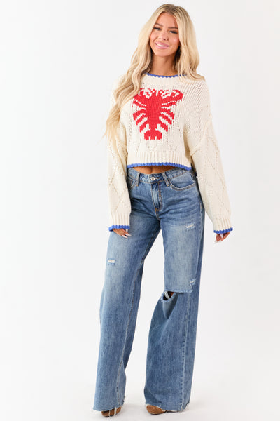 Cream Lobster Graphic Ribbed Trim Knit Sweater