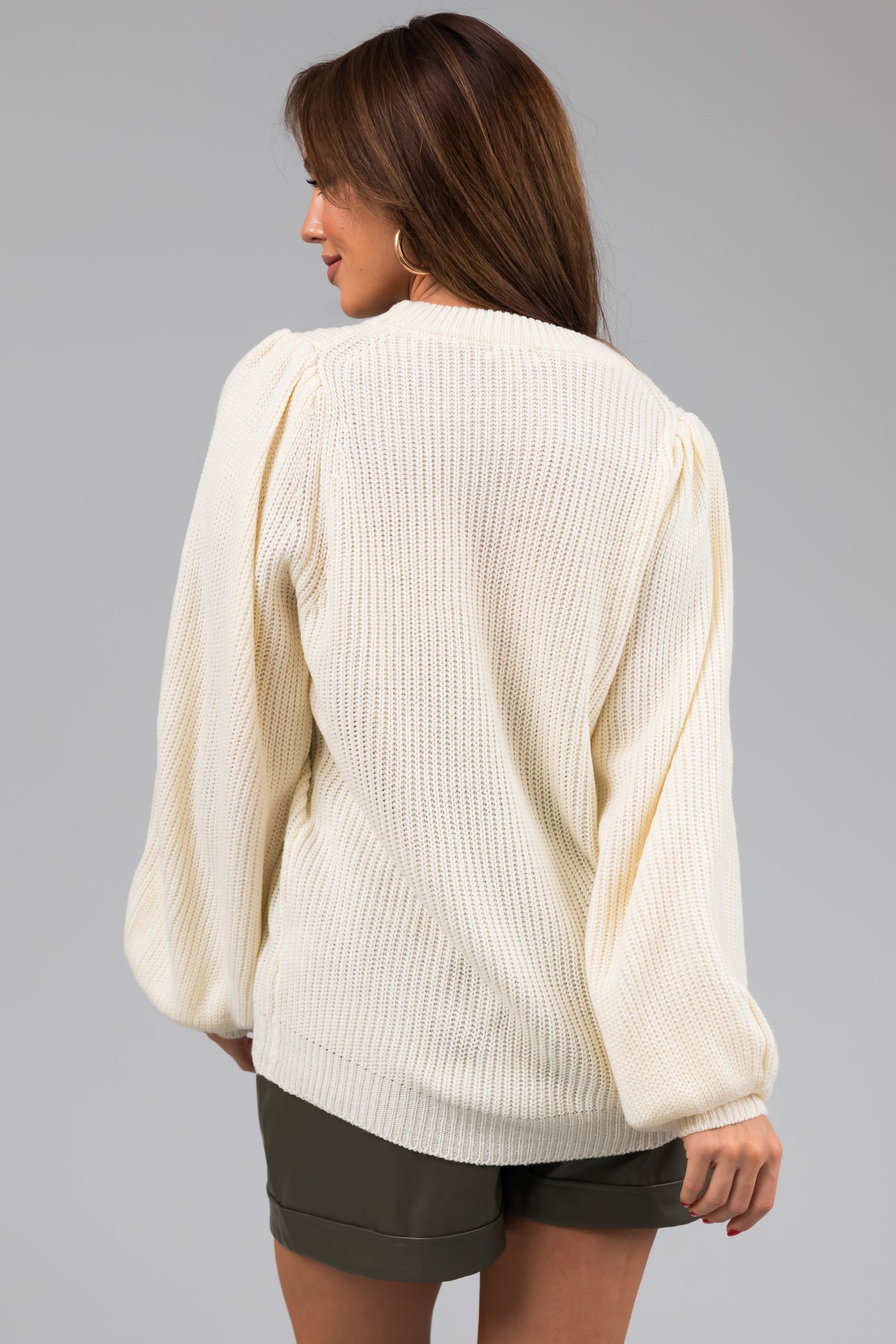 Cream Long Bubble Sleeve Knit Sweater