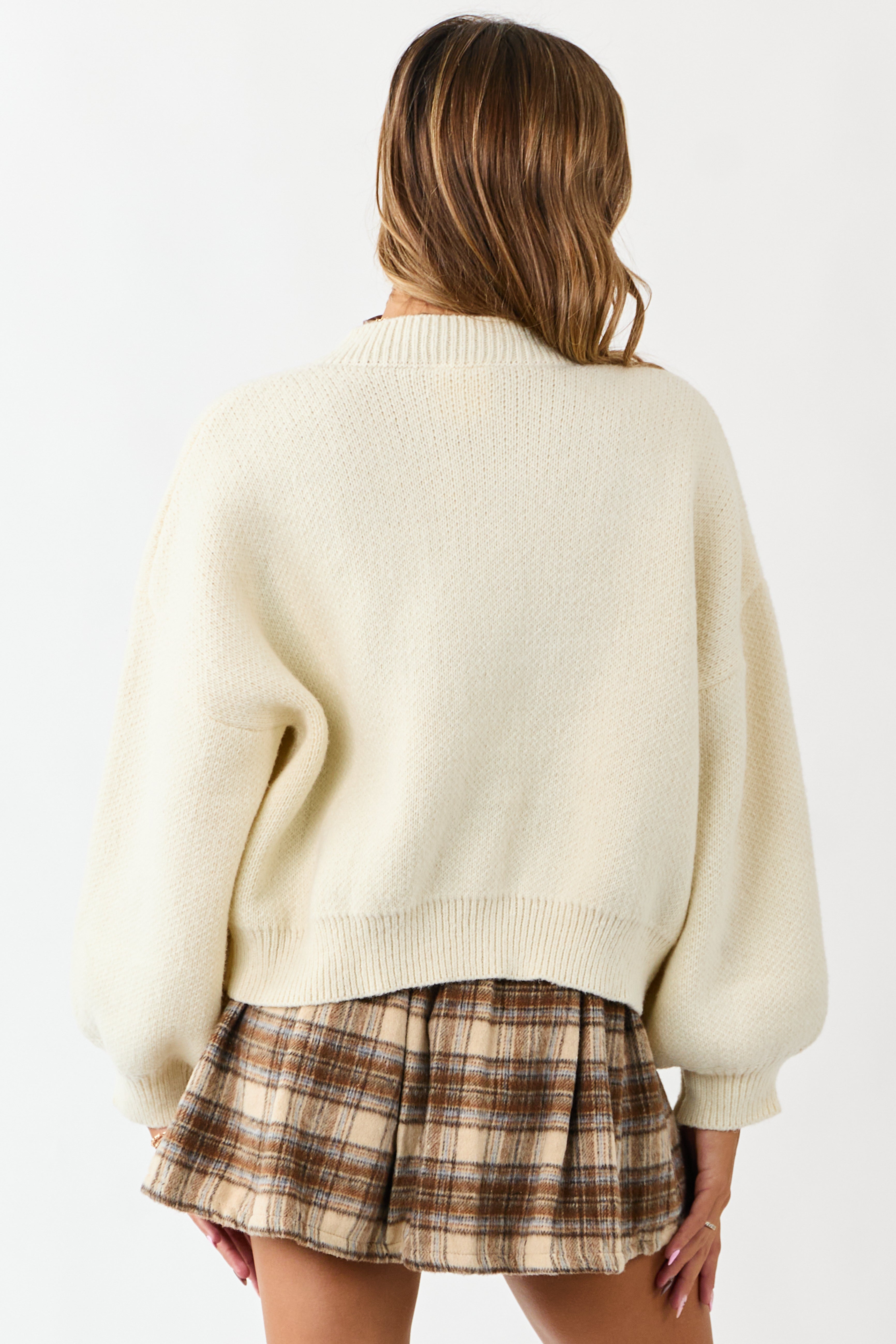 Cream Long Puff Sleeve Button Down Cardigan