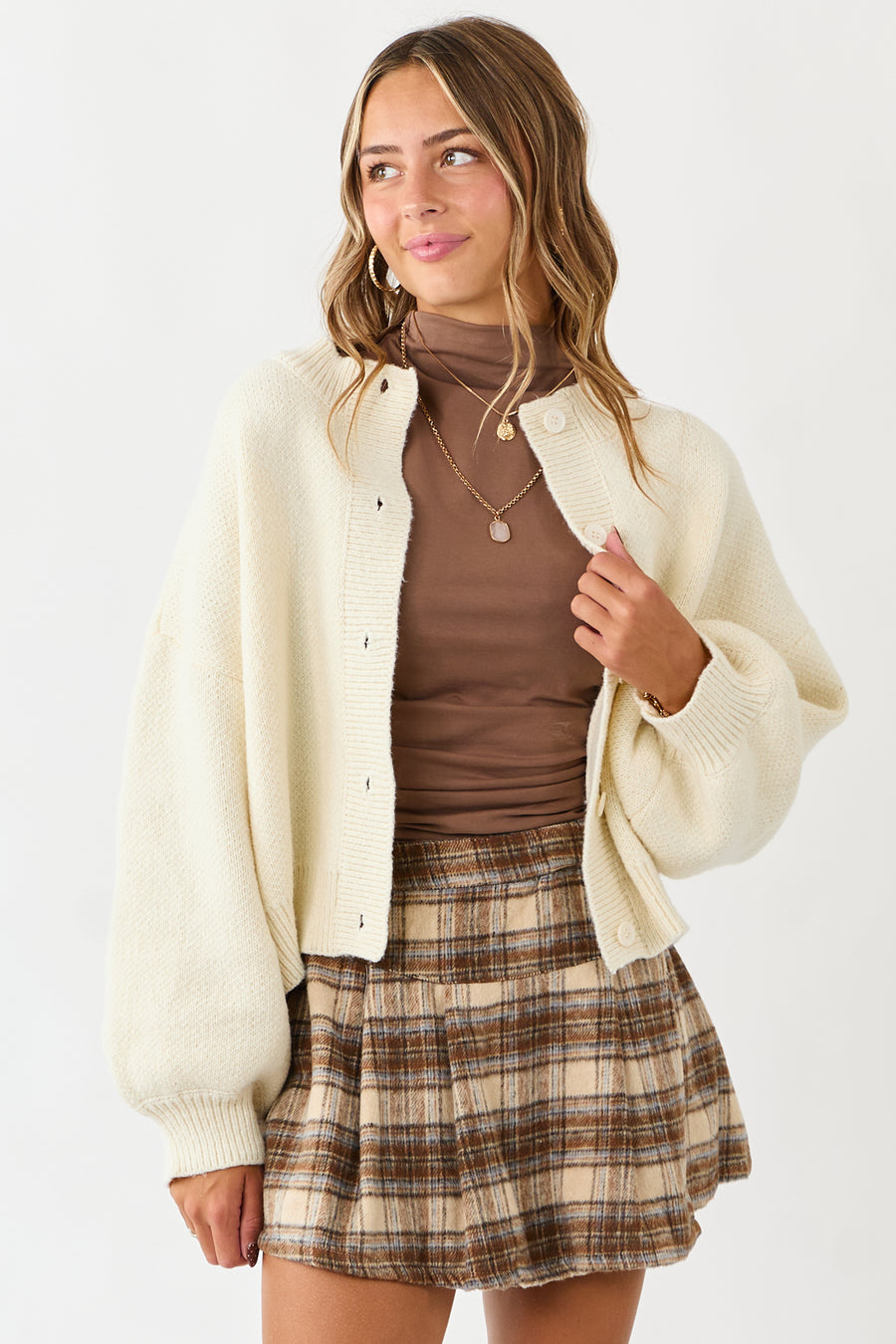 Cream Long Puff Sleeve Button Down Cardigan