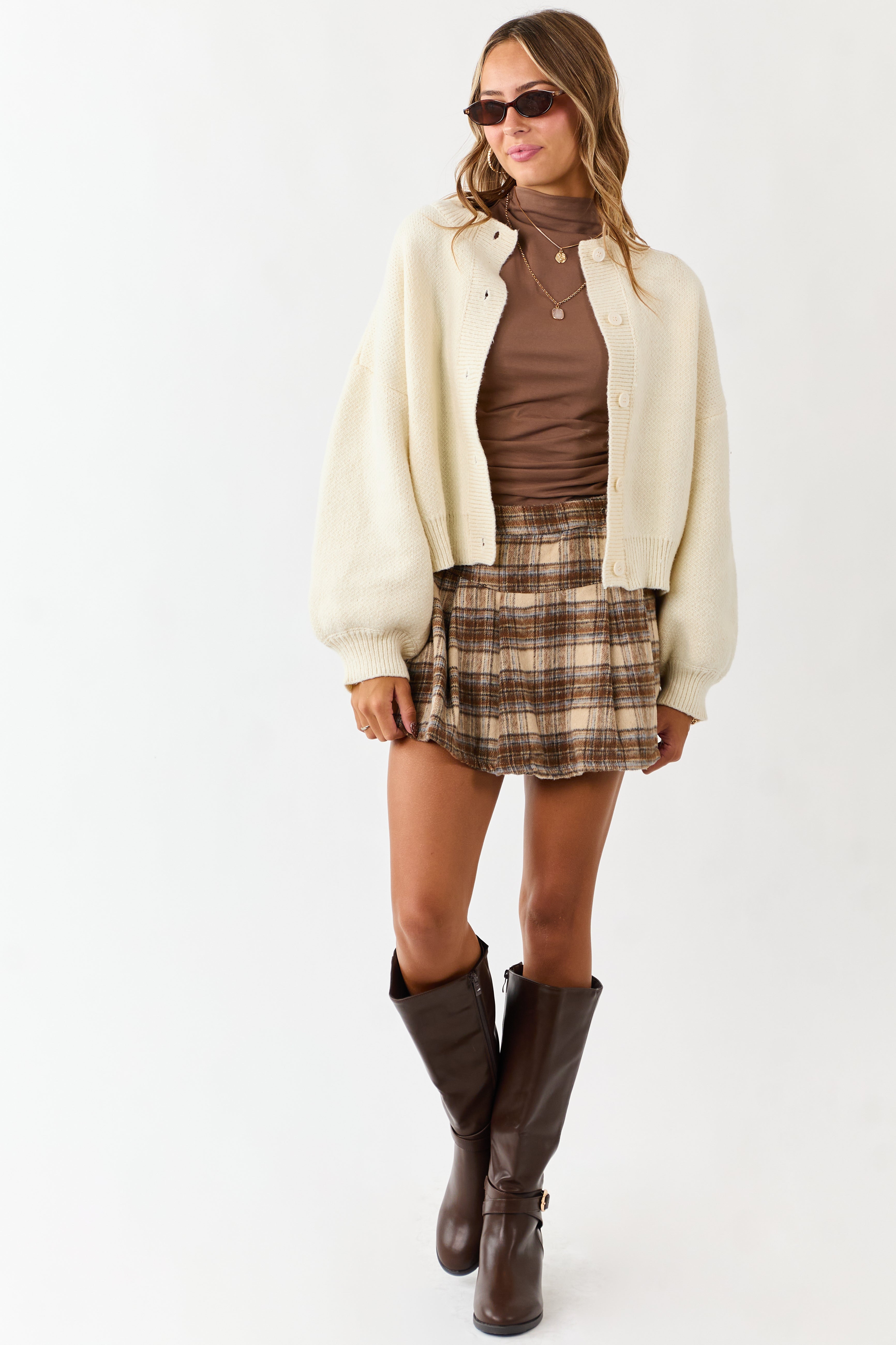 Cream Long Puff Sleeve Button Down Cardigan