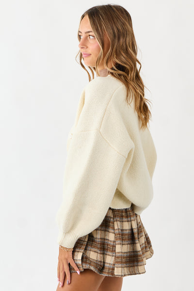 Cream Long Puff Sleeve Button Down Cardigan