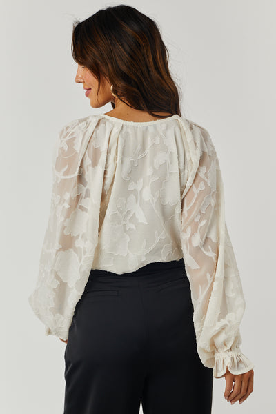 Cream Long Sleeve Floral Lace Woven Bodysuit