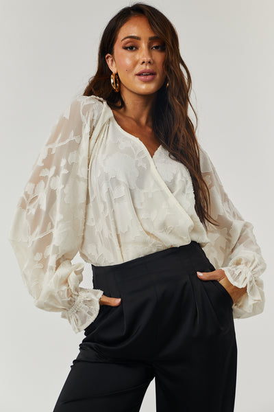 Cream Long Sleeve Floral Lace Woven Bodysuit