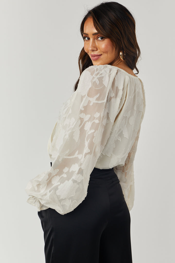 Cream Long Sleeve Floral Lace Woven Bodysuit