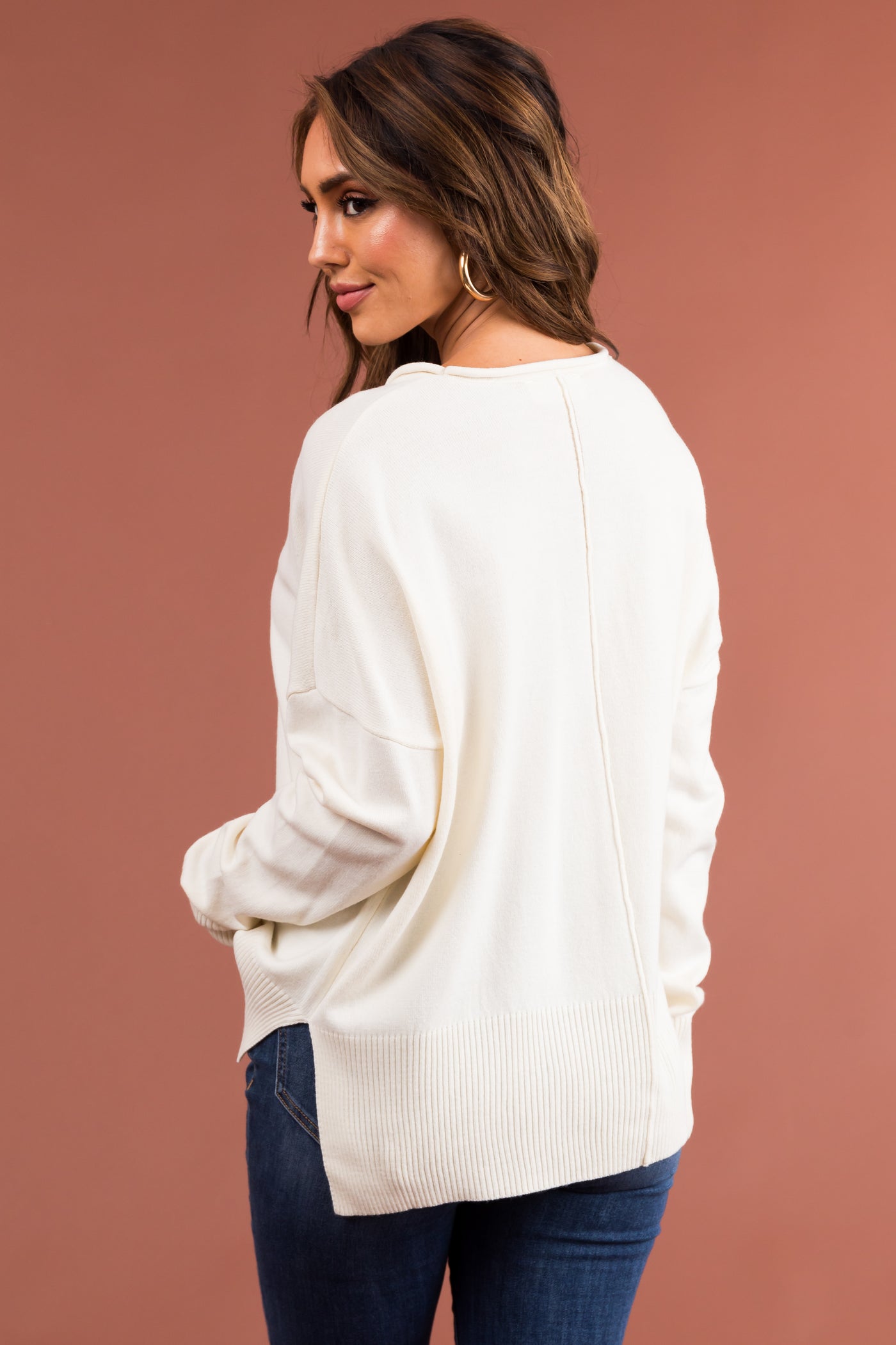 Cream Long Sleeve Front Seam Knit Sweater