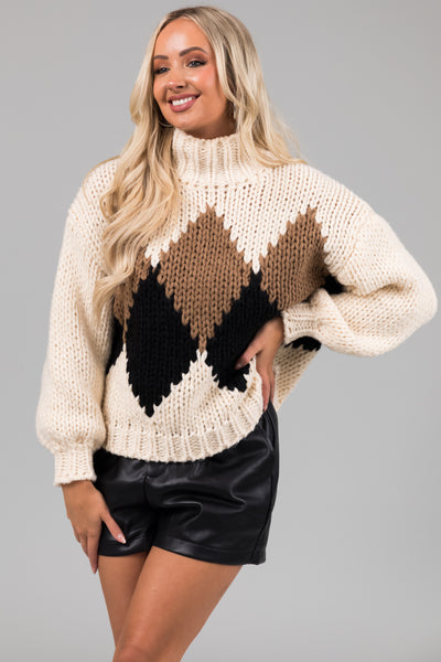 Cream Long Sleeve Printed Mock Neck Knit Sweater