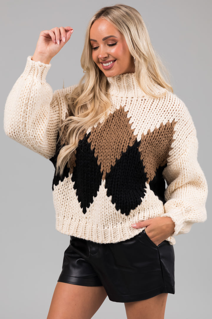 Cream Long Sleeve Printed Mock Neck Knit Sweater