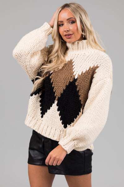Cream Long Sleeve Printed Mock Neck Knit Sweater